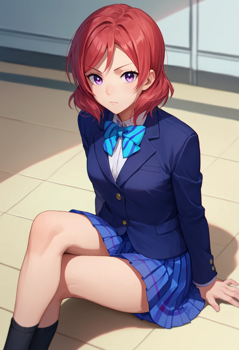 score_9, score_8_up, score_7_up, 1girl, solo,   Nishikino maki, red hair, purple eyes, short hair, aqua bow, blue blazer, pleated skirt,  sitting, crossed legs, on floor, black socks,    <lora:Nishikino Maki TEST-000007:1>