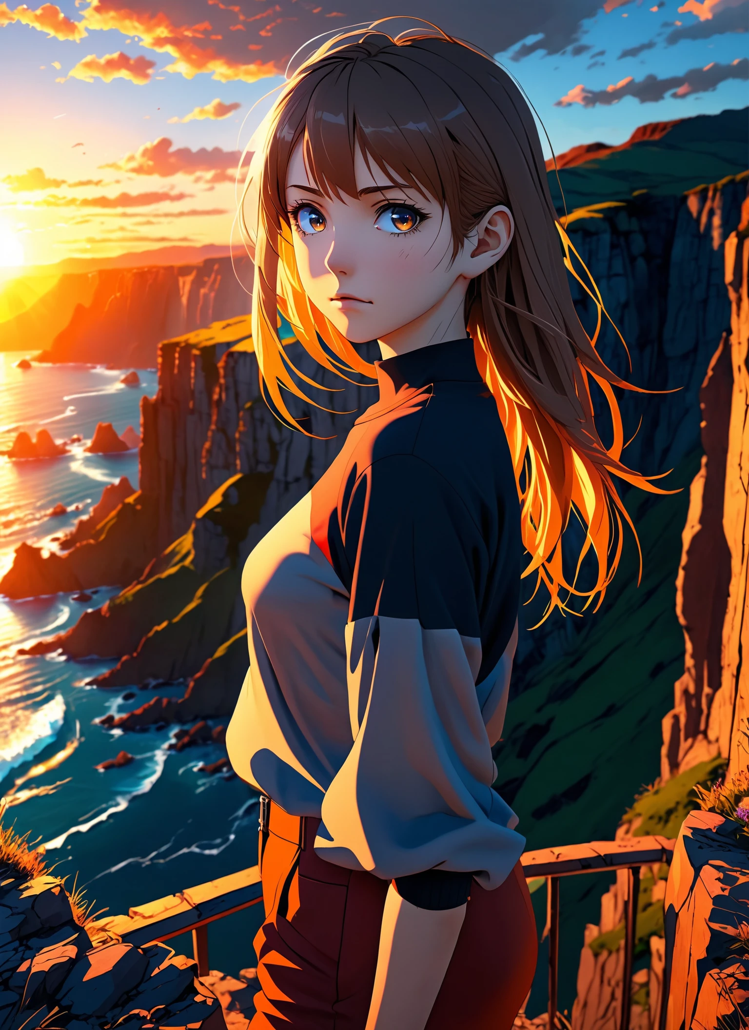 photorealistic highly detailed 8k raw anime artwork, A young woman in a Dramatic Cliffside Sunsets landscape, anime style, key visual, vibrant, studio anime, intricate details