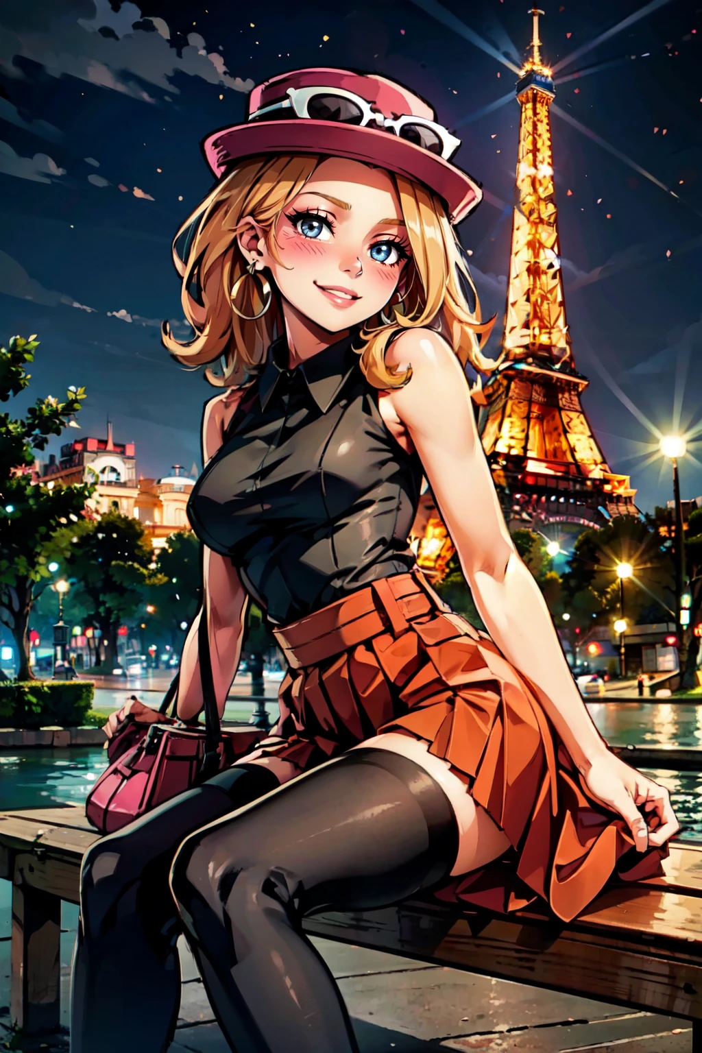 ((masterpiece,best quality)), absurdres, <lora:EiffelTower_v2:0.7>,   zzEiffelTower in background, sitting, BREAK,  <lora:SerenaPokemon_SD:0.7>, zzSerena, eyewear on headwear, pink headwear, bench, sitting, smile, large breasts, looking at viewer, blush, red skirt, black thighhighs, thighs, pleated skirt, handbag, sleeveless shirt, outdoors, jewelry, (black shirt),  jewelry, earrings, boots, bag, lips, night, city,   BREAK, looking at viewer, smile,