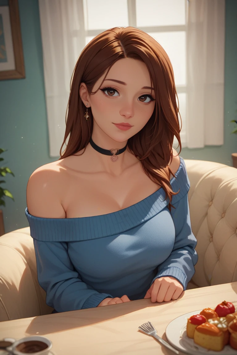 score_9,score_8_up,score_7_up, 1girl, solo, madikat, brown eyes, sweater, off shoulder, choker, breakfast nook, Expressiveh, <lora:Expressive_H:0.69> Expressiveh, <lora:Madikat PDXL:1> <lora:princess_xl_v2:0.8>