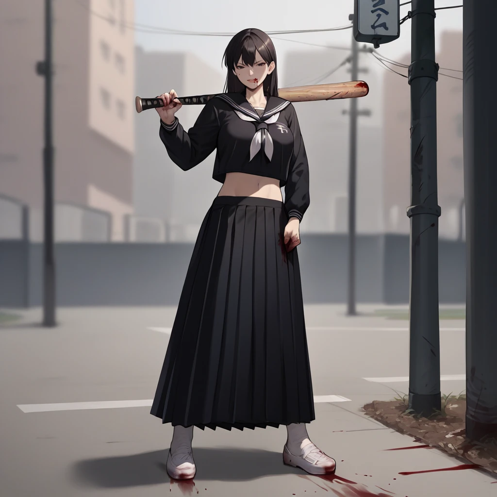 score_9,score_8_up,score_7_up,score_6_up,source_anime,rating_questionable, 1girl, solo, urban setting, <lora:Sukeban__Delinquent_Girl_Outfit:0.8> sukeban, serafuku,wooden sword, long skirt, baseball bat, navel, blood, zPDXL2,