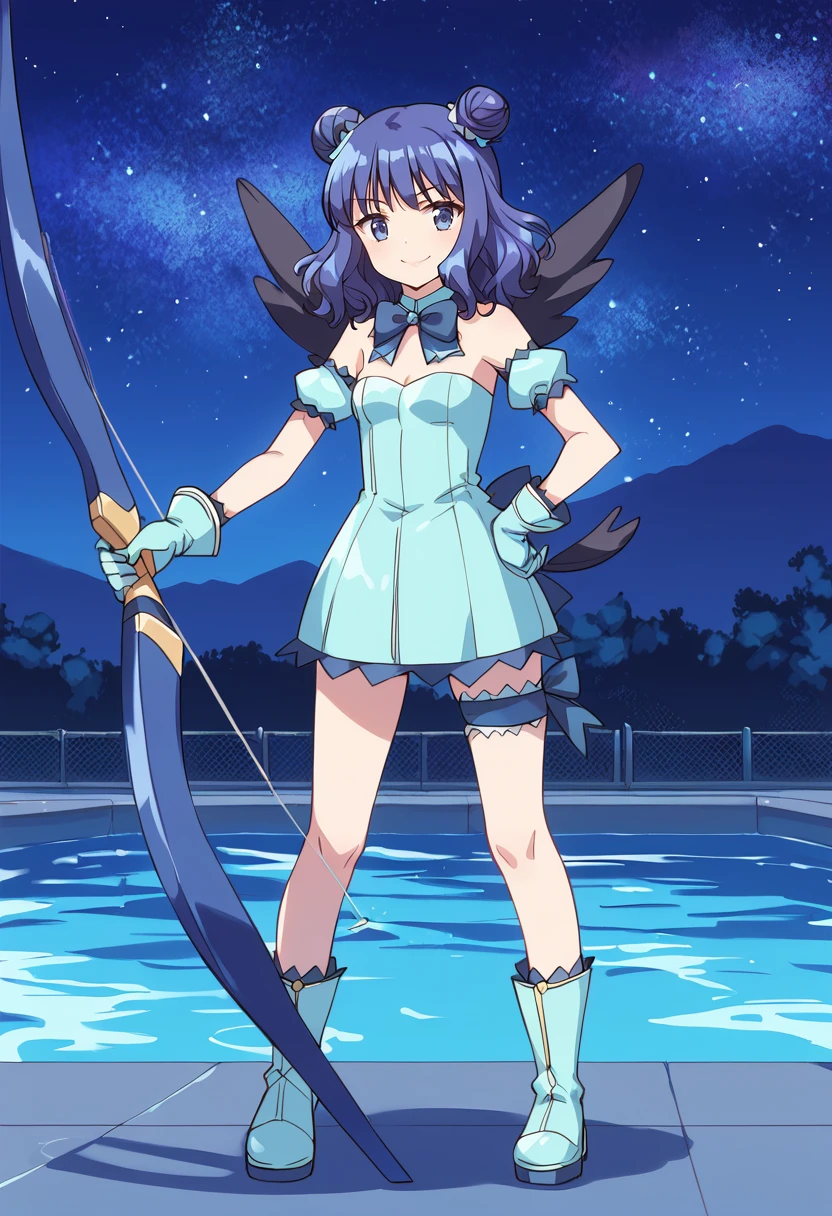 score_9, score_8_up, score_7_up, source_anime BREAK
mew mint, 1girl, bow \(weapon\), blue hair, double bun, holding bow \(weapon\), holding arrow, blue eyes, solo, night, hand on hip, smile, standing, bare shoulders, star \(sky\), short dress, short hair, night sky, wavy hair, blue footwear, blue dress, full body, blue gloves, starry sky, water, strapless dress, purple eyes, detached sleeves, outdoors, thigh strap, bird tail, blue skirt, closed mouth, black wings, aqua footwear, legs, bowtie, legs apart, light smile, boots, pool, blue legwear, hair ornament, mini wings, puffy detached sleeves, bangs, miniskirt, aqua dress, bare legs, small breasts, purple hair, puffy sleeves, sleeveless dress, hand on own hip, bridal garter, looking at viewer, blue choker, aqua gloves, blue bow
<lora:mew_mint_aizawa_mint_sdxl_locon_pony_v1:0.7>