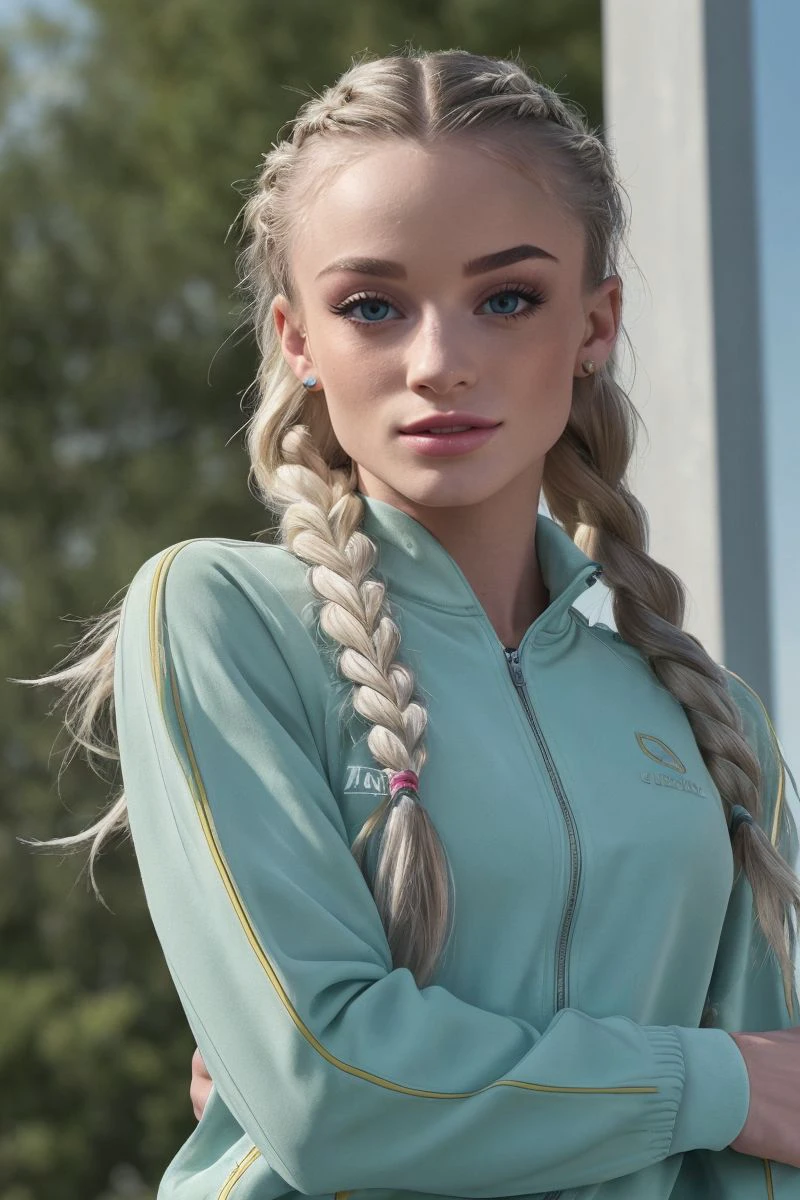 photo of S456_RoxyShaw,a stylish woman,in a (moat:1.1),wearing a (tracksuit),(braid),(4k, RAW photo, best quality, 50mm, depth of field, ultra high res:1.1),(intricate, photorealistic, cinematic-shot, masterpiece, ultra-detailed:1.1),