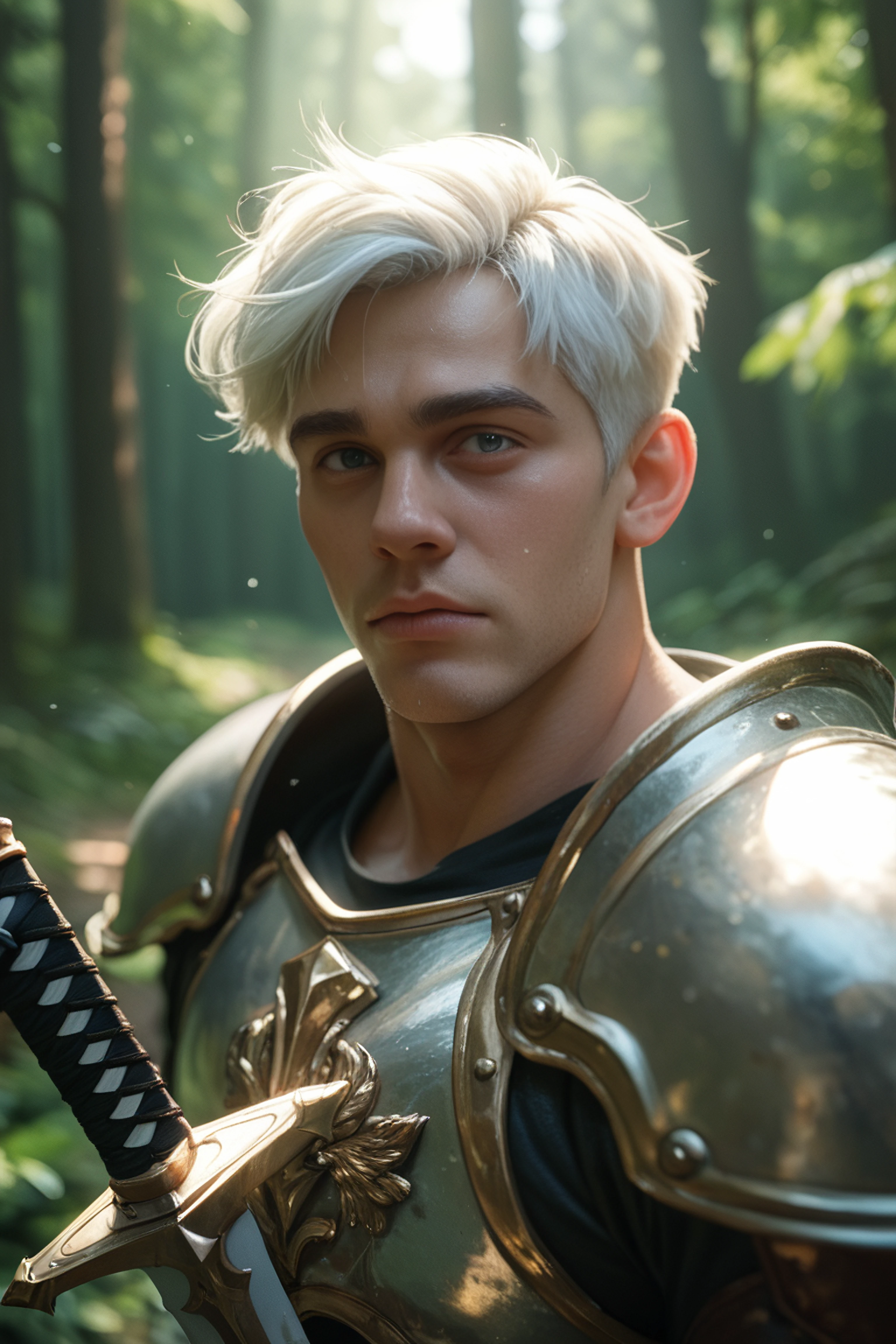 score_9, score_8_up, score_7_up, score_6_up, 1boy, angel,beautiful, white hair, short hair, fair skin, big pecs, leather armor, sword, forest, dappled sunlight, upper body, looking at viewer, fucked silly from behind, big dig