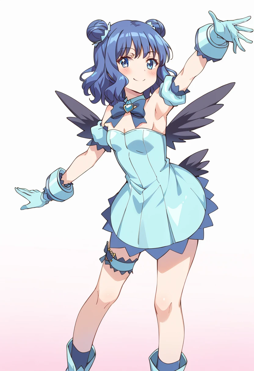 score_9, score_8_up, score_7_up, source_anime BREAK
mew mint, blue hair, double bun, blue eyes, 1girl, smile, blue gloves, short hair, black wings, outstretched arms, blue dress, solo, closed mouth, detached sleeves, short dress, profile, from side, standing, bare shoulders, eyebrows visible through hair, looking at viewer, thigh strap, hair ornament, shiny hair, blue footwear, blue ribbon, spread arms, blue bow, simple background, blue background, armpits, out of frame, medium hair, puffy short sleeves, bangs, aqua dress, detached collar, white background, blue skirt, aqua gloves, bird tail, blue neckwear, puffy detached sleeves, leg garter, strapless dress, small breasts, gradient background, leaning forward, blush, bowtie, thigh ribbon, garters, feathers, pink background, choker, miniskirt, sleeveless dress, cleavage, ooking at viewer, feathered wings, knee boots, blue sleeves, looking to the side, wavy hair, frills, sidelocks, black feathers, leg ribbon, feet out of frame, blue legwear, neck ribbon, brooch, outstretched arm, arms up, bridal garter
<lora:mew_mint_aizawa_mint_sdxl_locon_pony_v1:0.7>