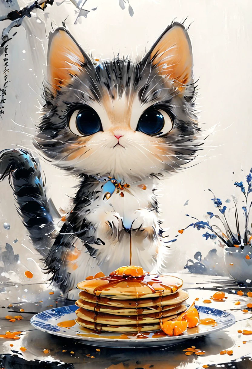 a very cute fluffy chibi kittens with big eyes with a plate of pancakes on table. use only yellow, orange, blue and white colors