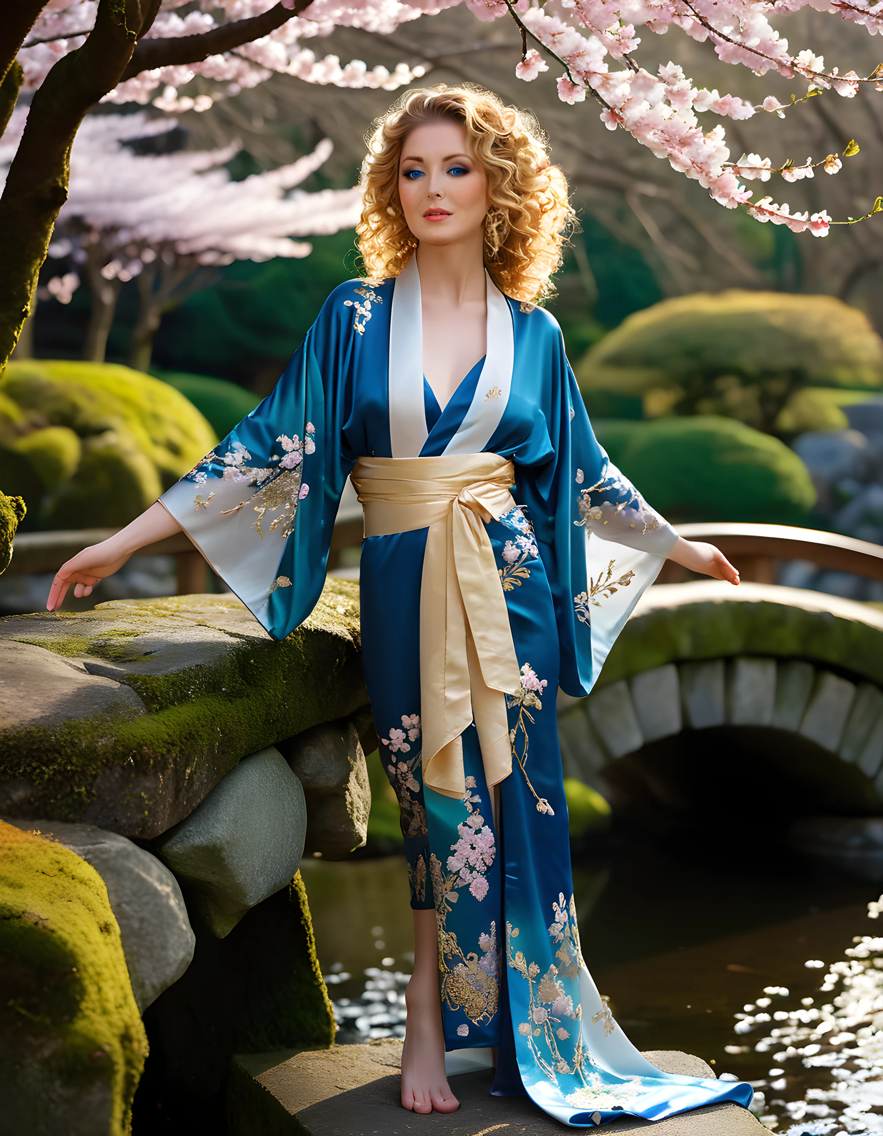 5C4RL377, In a captivating, ethereal tableau, a radiant woman with cascading golden curls and emerald eyes gazes thoughtfully into the distance, dressed in an intricately embroidered silk kimono of deep azure hue, adorned with delicate blossoms and gold leaf filigree. Set against the backdrop of a serene Japanese garden under the soft glow of a full moon, she stands gracefully on a moss-covered stone bridge, her pose exuding an air of quiet contemplation, her elegance reflected in the tranquil waters below, as sunlight filters through the branches of cherry blossom trees, casting dappled shadows and creating a dreamlike ambiance.