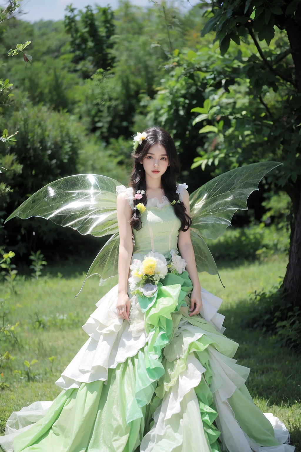 photorealistic,realistic,photography,masterpiece,best quality,ultra-detailed,extremely detailed,8k wallpaper,(reality: 1.4),1girl,solo, tall,hair flower,full body,standing,arms lowered to the sides,long hair,black hair,hair ornament,dress,plant,wings, flower dress,green butterfly dress,frilled dress,fairy wings,green theme,fairy, <lora:JAY - GREEN BUTTERFLY DRESS:0.8>