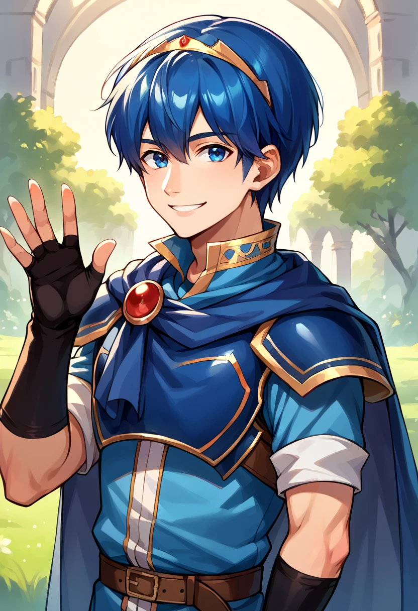 score_9, score_8_up, score_7_up, source_anime, BREAK,  solo, 1boy,  <lora:Marth-pdxl_Fp:1>, marthfe, blue hair, blue eyes, short hair, tiara, blue tunic, armor, cape, fingerless gloves, smile, looking at viewer, waving,