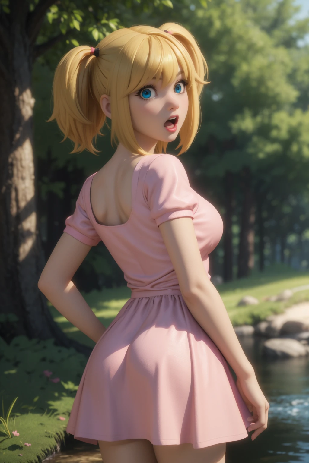 amane misa, 1girl, blonde hair, blue eyes, bangs, long hair,twintails, medium breasts,(pink short dress), ass, from behind,open mouth, surprised, :o,arms at sides,looking at viewer,short sleeves,baboo forest,stream,outdoors,(Maya 3d render:1.05), (masterpiece:1.3), (hires, high resolution:1.3), subsurface scattering, <lora:misa_v1:1>