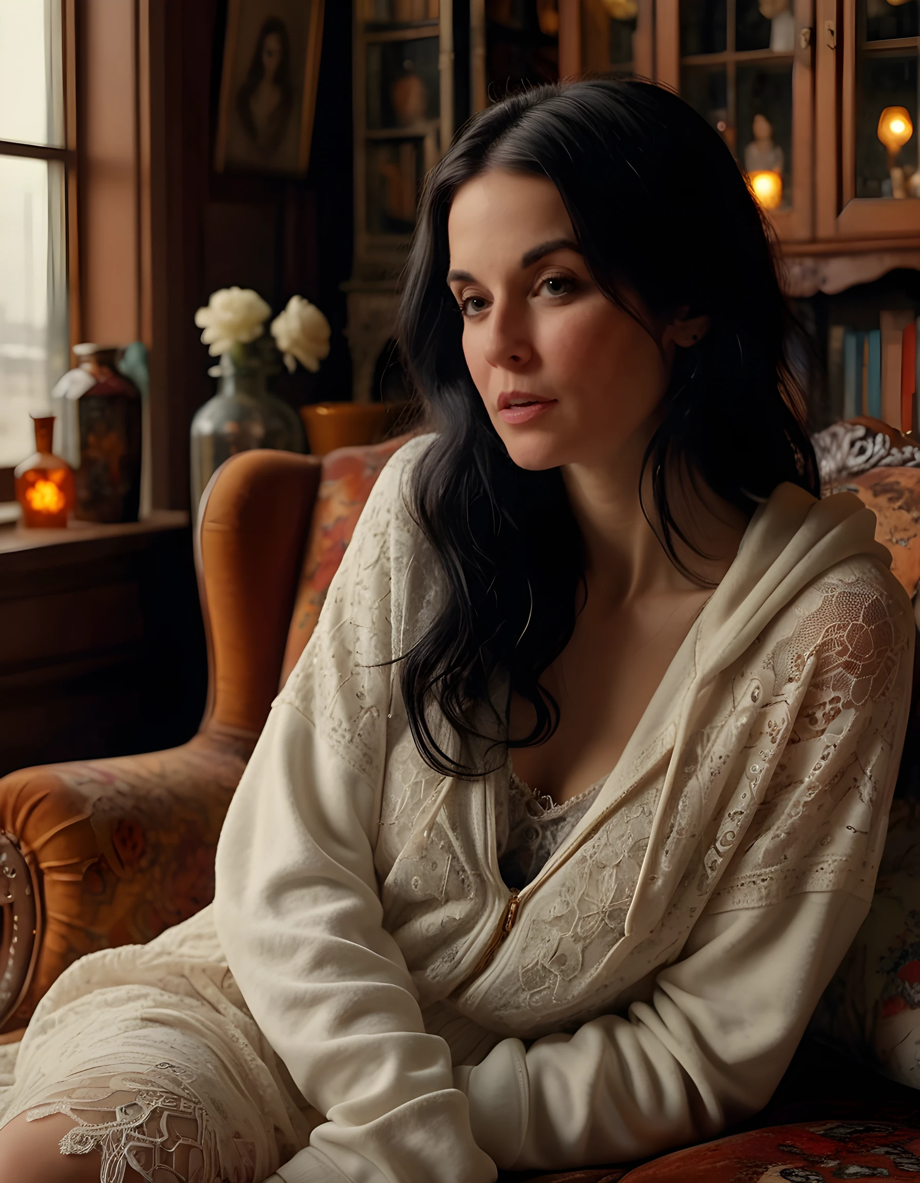 In a dimly lit, bohemian-style living room filled with vintage furniture and eclectic trinkets, the captivating Julie, her raven hair cascading down her shoulders, sits on an antique, velvet couch. Clad in a white sweater with intricate lace detailing, a white dress adorned with delicate floral patterns, and a grey hoodie draped artfully over one arm, she cradles a vintage, crystal decanter filled with amber liquid, her gaze thoughtful and introspective as it meets the viewer's eye from beneath the mysterious shadow cast by her mole under her left eye. The soft, ambient light filtering in through stained-glass windows casting warm hues on her face, creating a sense of intimate, romantic solitude amidst the chaotic cityscape visible through the open window behind her.