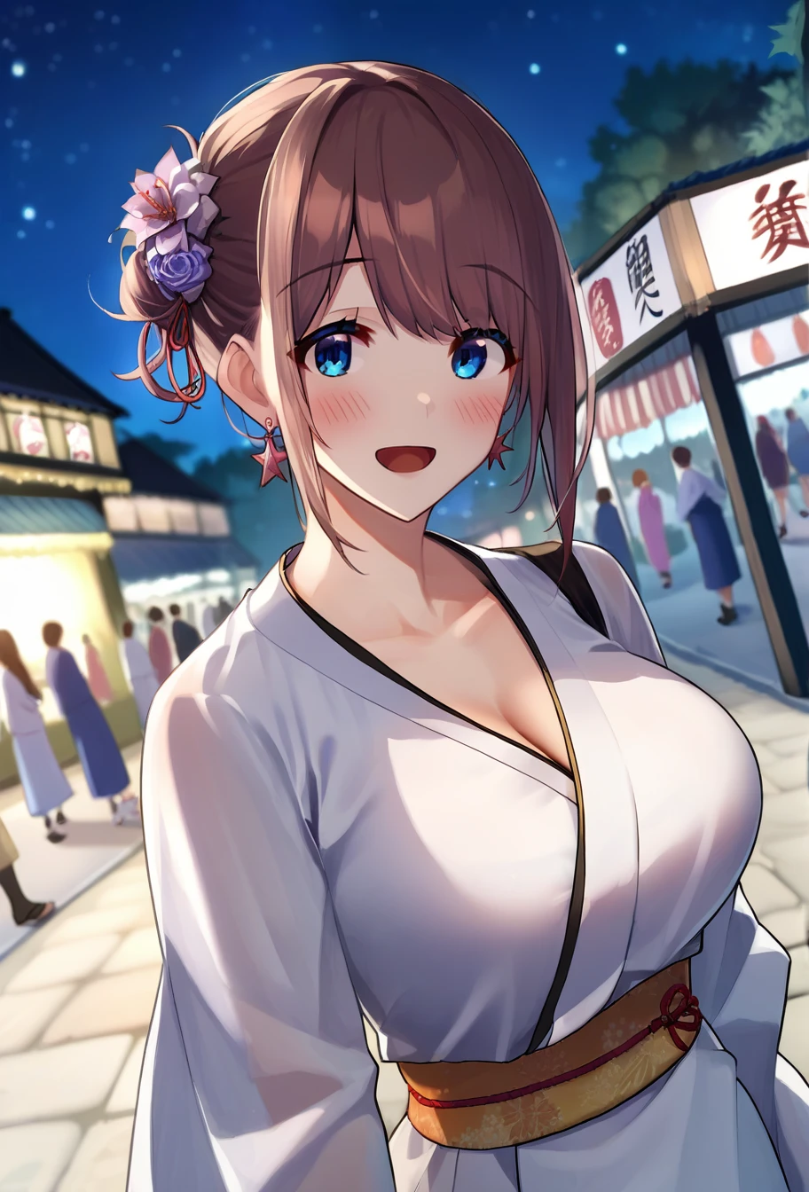 score_8, score_9, source_cartoon, source_anime, celshaded, rating_questionable, female focus, 1girl, dutch angle, hitoyobaffu, medium brown hair, hairbun, flower hair tie, blue eyes, large breasts,
intricate detailed, white kimono, flower details, jewerly, earrings, smile, looking at viewer, eye contact, blushing, open mouth, outdoors, Japanese festival, trees, street vendors, blurred background, depth of field, night time, night, stars, night sky, warm lighting,