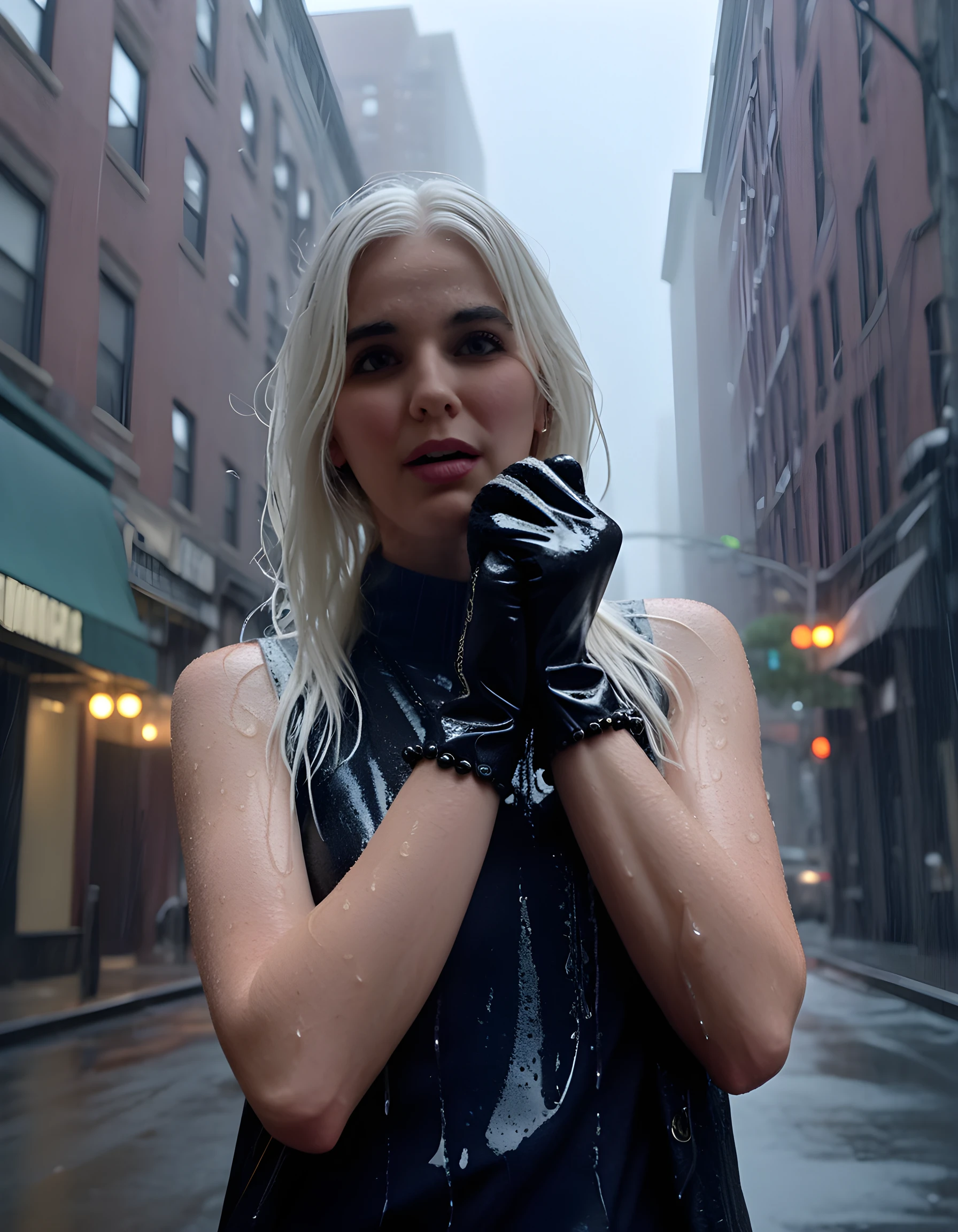 In a gritty, rain-soaked noir setting, a captivating woman named Julie stands defiantly under the dim, yellowish streetlight of a foggy New York City alleyway. Her piercing blue eyes gleam with determination as she raises her gloved hands in defiance, her long white hair whipping around her face. Clad in a black shirt and coat, layered over a white sweater adorned with intricate lace detailing, she exudes an air of mystery and strength. The camera angles from below, capturing the raindrops cascading down her sleeveless, leather gloves and the beads of water shimmering on the frayed edges of her short-sleeved, white sweater. The image is bathed in a melancholic yet empowering tone, as if encapsulating the spirit of resilience amidst the harsh urban landscape.