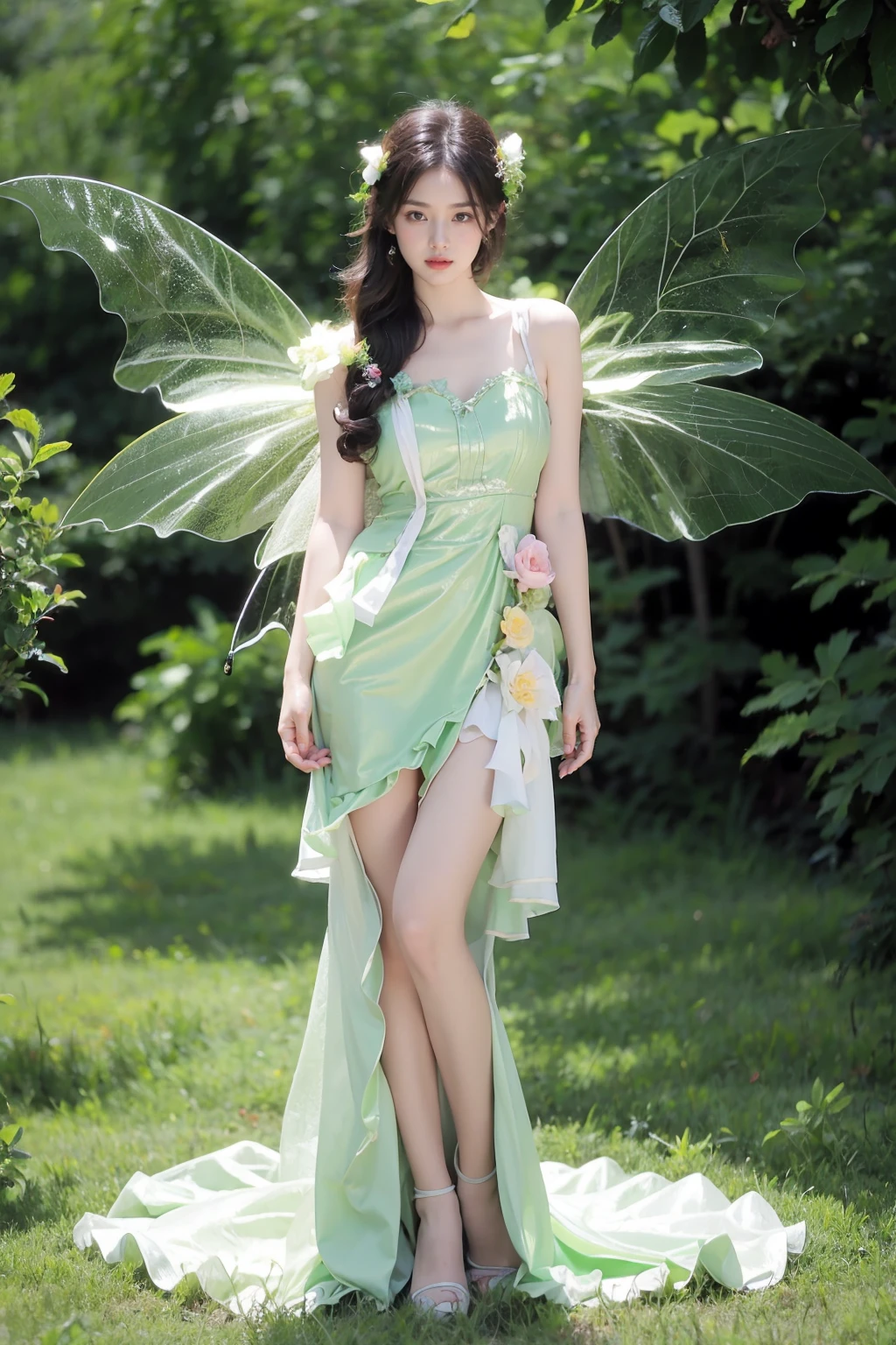 photorealistic,realistic,photography,masterpiece,best quality,ultra-detailed,extremely detailed,8k wallpaper,(reality: 1.4),1girl,solo, tall,hair flower,full body,standing,arms lowered to the sides,long hair,black hair,hair ornament,dress,plant,wings, flower shirt,green butterfly dress,frilled dress,fairy wings,green theme,fairy, <lora:JAY - GREEN BUTTERFLY DRESS:0.8>