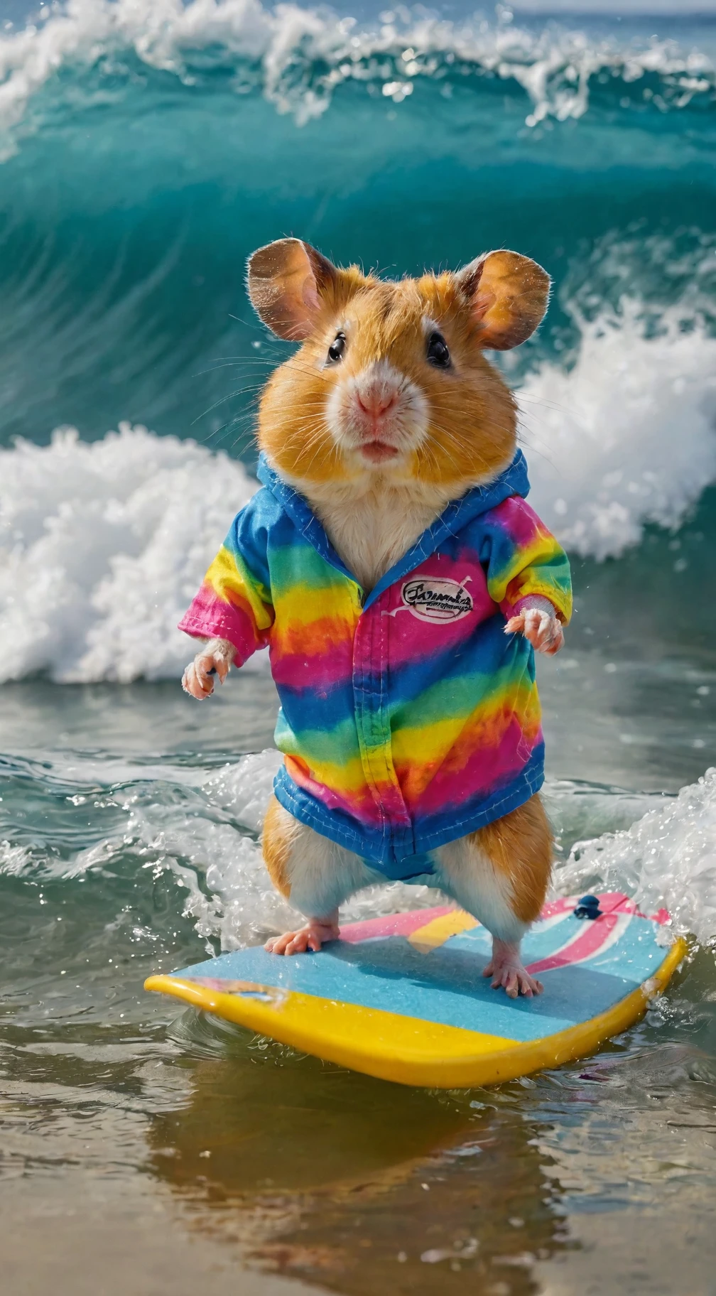hamsterwearing surfing a big wave wearing colorful surfer shorts
