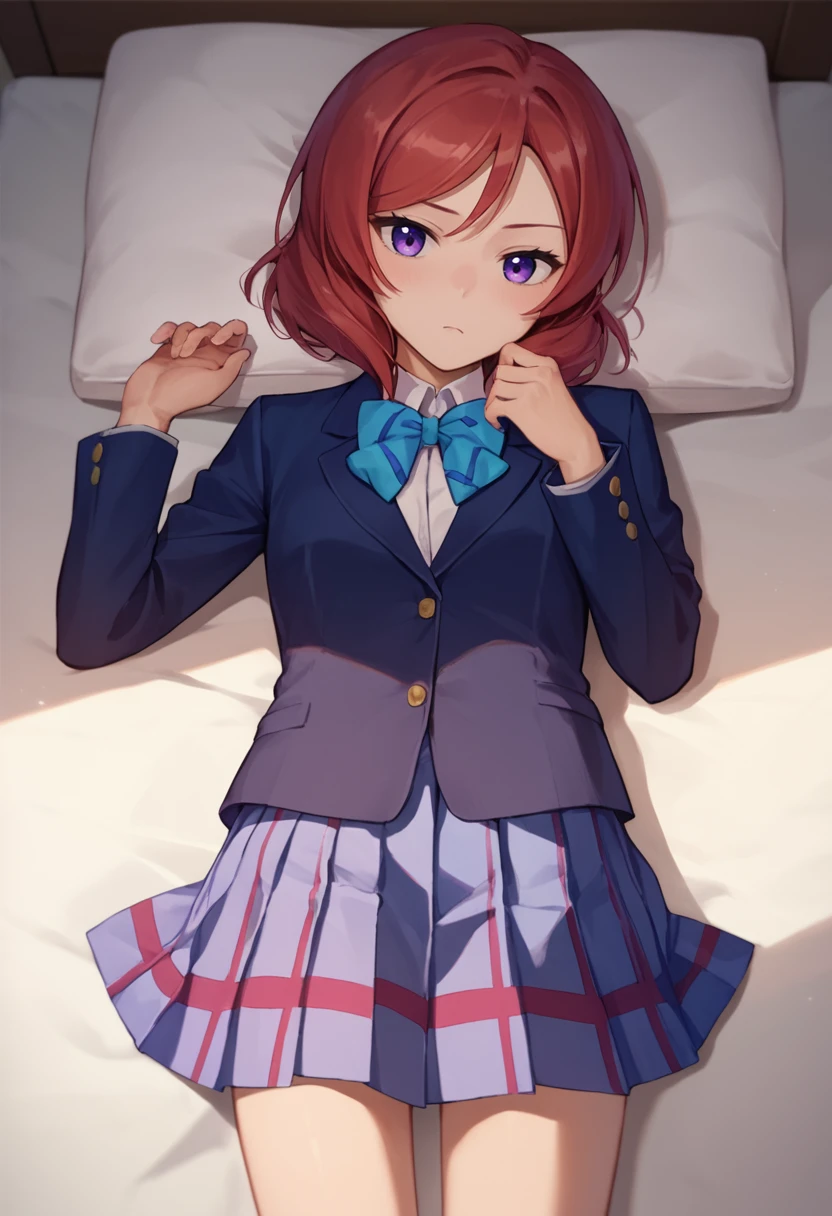 score_9, score_8_up, score_7_up, 1girl, source anime,   Nishikino maki, red hair, purple eyes, short hair, aqua bow, blue blazer, pleated skirt, on back, bed,   <lora:Nishikino Maki 3-000006:1>