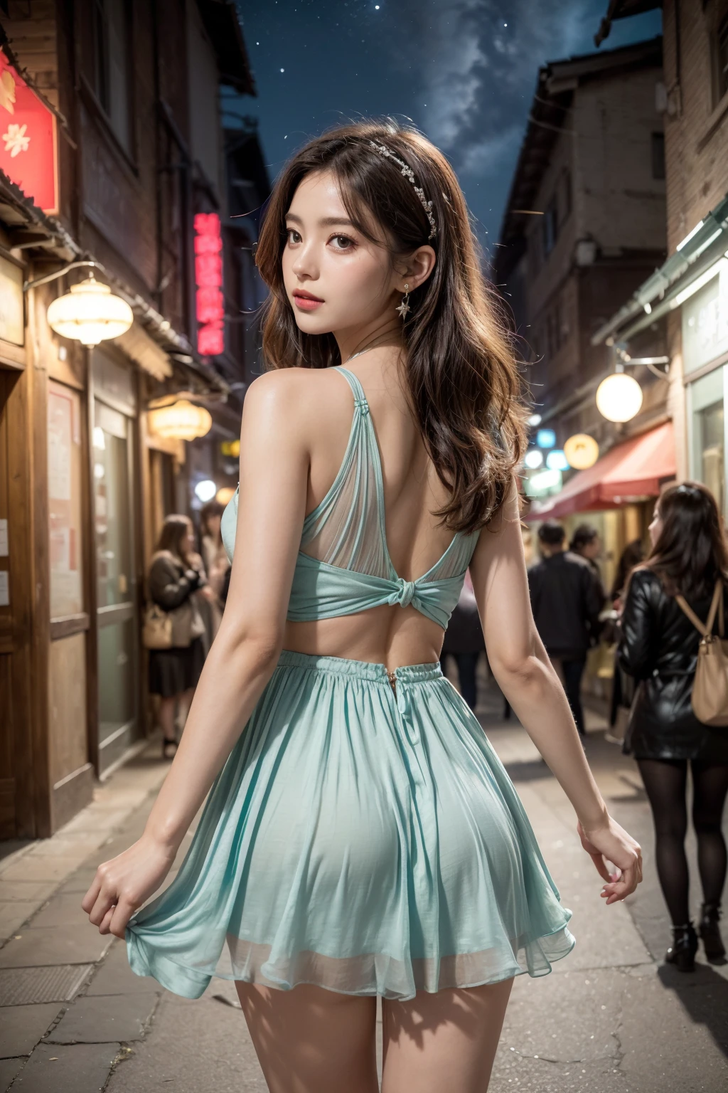 (8k,RAW photo,best quality,masterpiece,realistic,looking at another:1.3),soft light,extremely beautiful face,Random expression,
1girl,,Perky breasts,slim waist,cleavage,small mouth,,short neck,flat belly,big eyes,
<lora:add_detail:0.7>night,sky,outdoors,pink lips,cute smile,
Layered Curls Hairstyle: Layered design for curly hair to add volume and texture, presenting a full and soft effect,
Woven Straw Headband: Headband woven from straw, featuring primitive-style patterns and colors, displaying a natural and original charm,
Space Earrings: These earrings depict the shape of space elements such as stars, planets, or spacecraft, featuring black or deep blue designs, evoking a sense of mystery and fantasy,
Crystal Flower Necklace: The necklace features sparkling crystal flower pendants, emitting a bright and lively vibe,
(Design of a 2022 Spring Trendy Women's Dress with Multiple Cut-Outs:The dress boasts a fitted bodice that transitions into a flowing A-line skirt, Multiple cut-outs are strategically placed along the waist, neckline, and back,Made from light, airy fabrics like chiffon or silk, the dress is designed to catch the breeze, creating a flowing, graceful movement,Available in vibrant spring colors such as coral, emerald green, and light pink, Subtle floral patterns or geometric designs can add an extra layer of sophistication,The dress features a concealed zipper at the side for a smooth finish, It also includes adjustable ties at the shoulders and waist, allowing for a customizable fit,Multiple cut-outs around the midriff, along the neckline, and at the back, creating a playful and daring look,The skirtâs hemline is cut in a saw-toothed design, adding an edgy and flirtatious flair,The use of chiffon or silk ensures the dress is comfortable and perfect for warmer weather,:1.7)
Jiufen Old Street: Located in New Taipei City, it is famous for its narrow alleys, old buildings, and charming night views, There are many snack stalls and handicraft shops here, making it a popular spot for tasting local delicacies and shopping,
<lora:Jib_01:0.5:lbw=Hani>