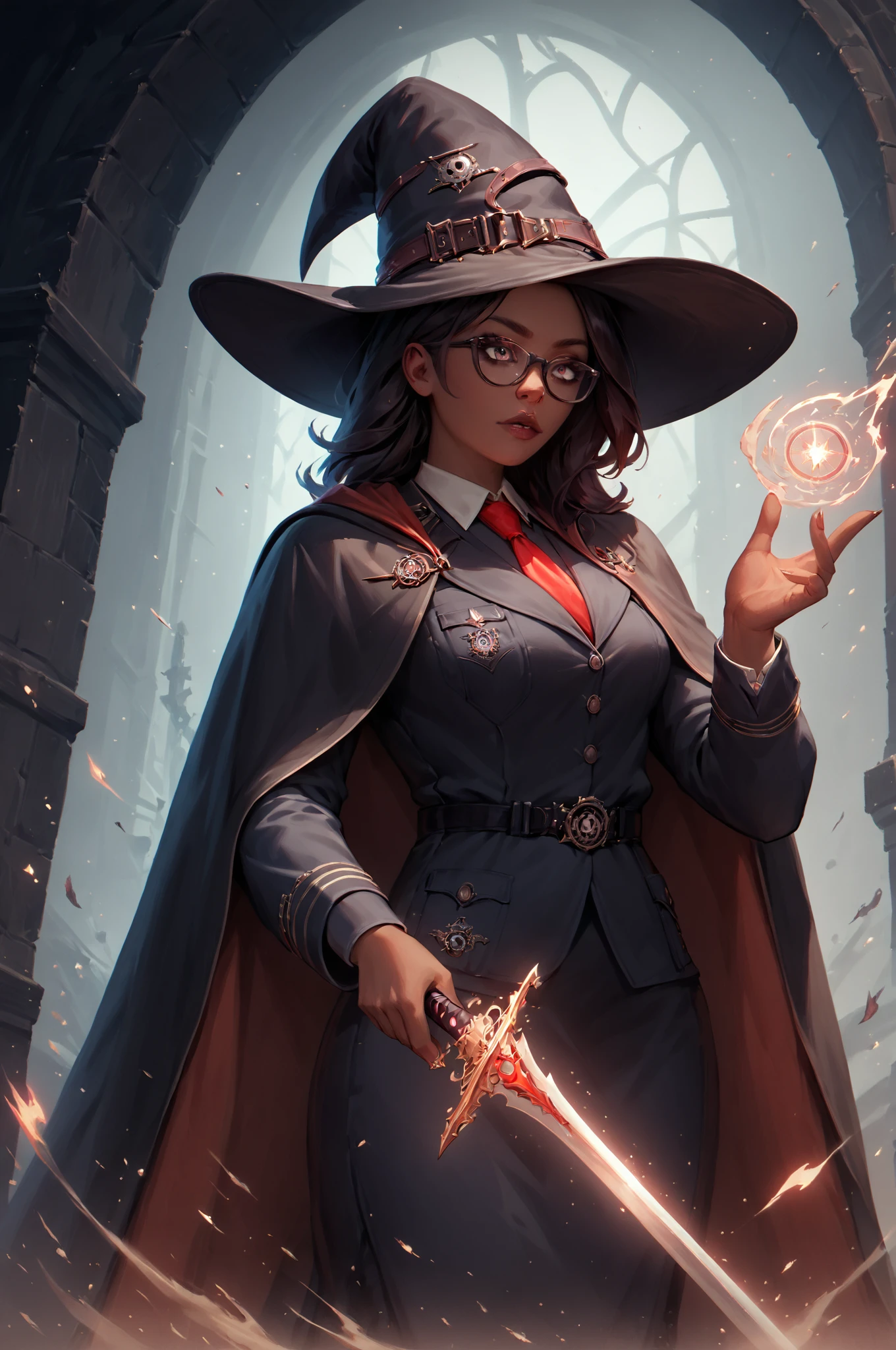 score_9, score_8_up, score_7_up, score_6_up, score_5_up, score_4_up, <lora:BMU-000007:0.99> bmu, uniform, 1girl, dark_skin, skirt, red_tie, witch_hat, casting_spell, magic, holding_sword, cloak, glasses, (high quality, detailed, beautiful)