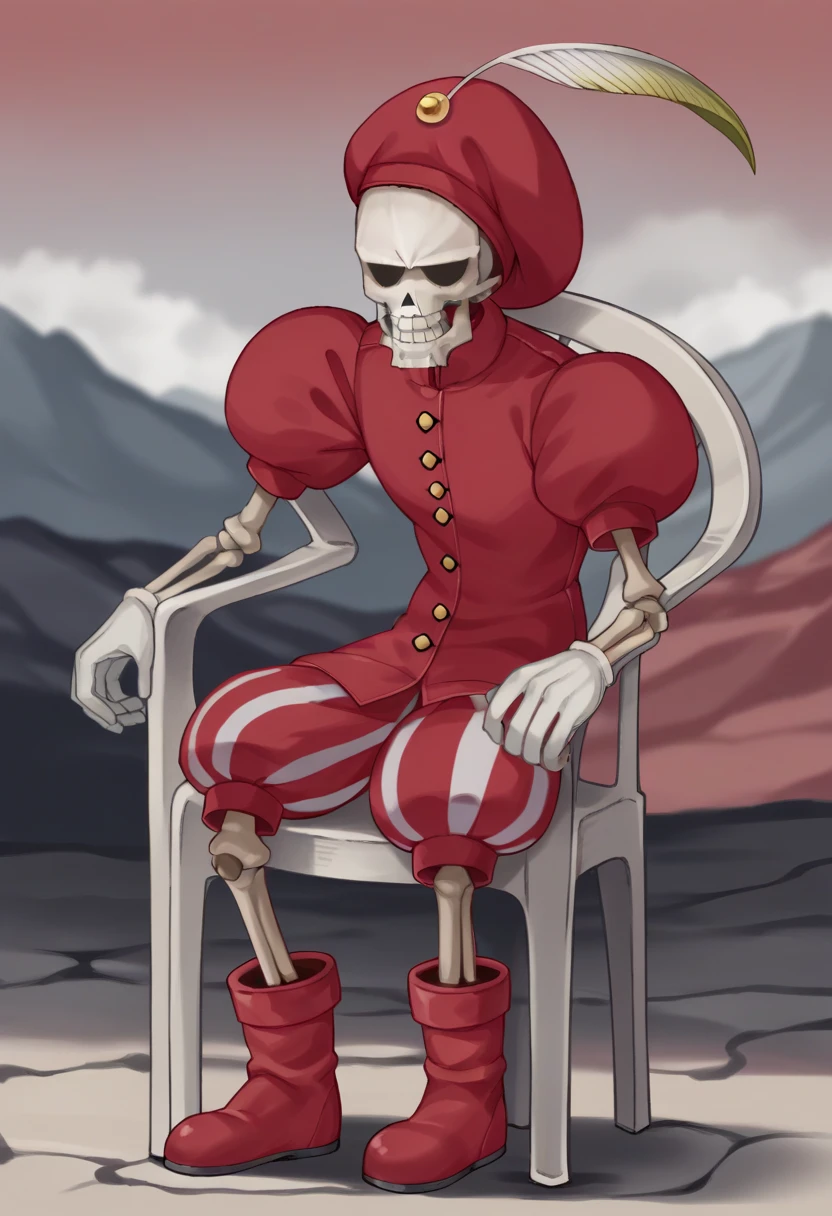 score_9, score_8_up, score_7_up, source_anime BREAK 1boy, solo,
<lora:zs_DavidXL:1> davidsmt, skeleton, red beret, red jacket, puffy sleeves, striped shorts, boots,  no humans,
<lora:PlasticChair_XLPD:1> plastic chair, sitting, leaning, outdoors, cloud, mountain, rock, red sky