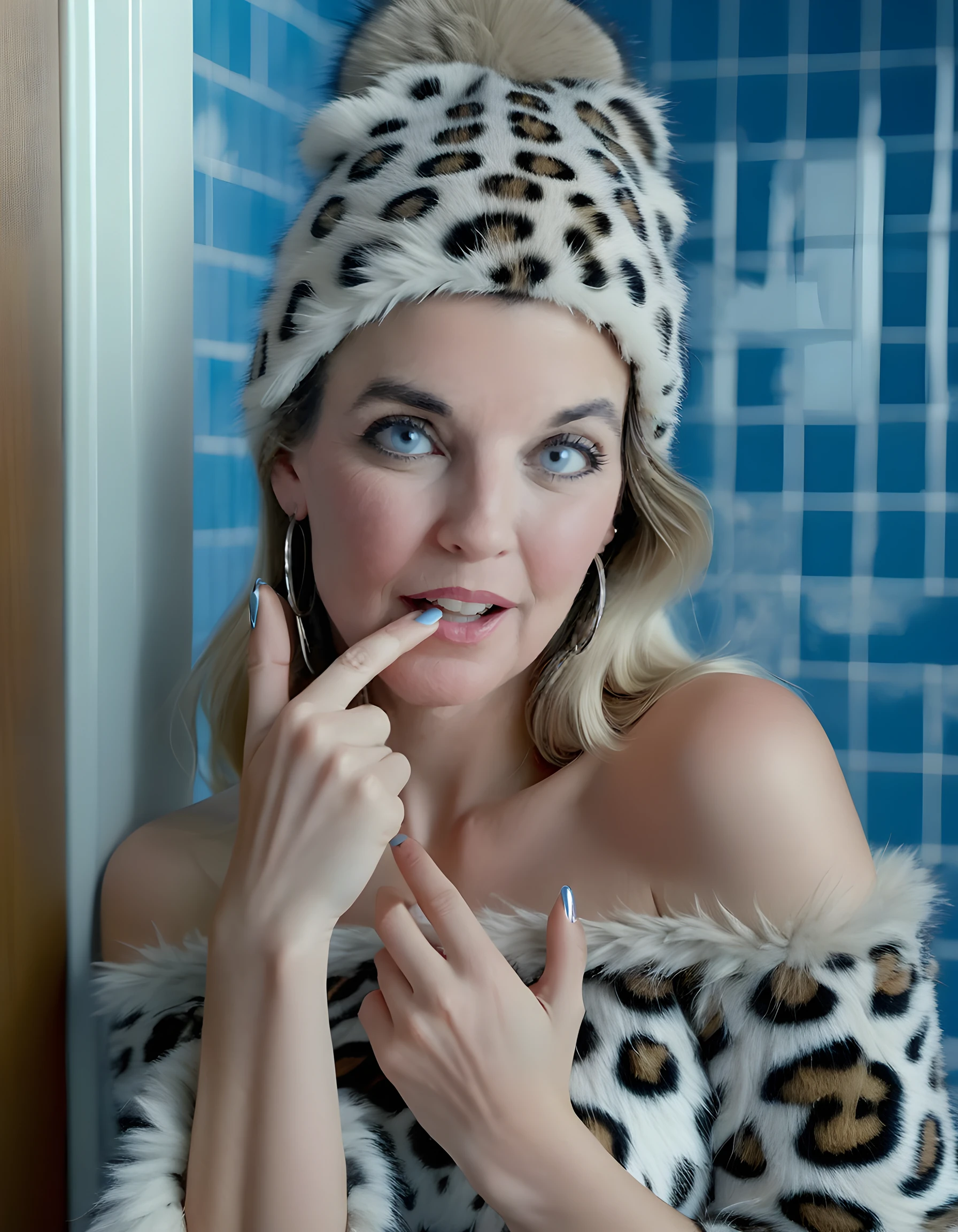 In a vibrant, intimate close-up, Julie, with her long, well-manicured fingernails and blue eyes sparkling beneath thick lashes, is framed against a deep, electric-blue backdrop of a tiled bathroom wall. Her hair is pulled back into a high bun, adorned with silver hoop earrings and a soft, grey fur hat. With a playful thumbs-up gesture, she leans slightly to one side, her long hair cascading down her shoulder, revealing the collar of a form-fitting, leopard-print dress that accentuates her curves. Her slender fingers grip her cellphone, a casual accessory in stark contrast to the opulent setting, as she gazes intently at something off-camera, her lips slightly parted, hands resting nonchalantly on her hips, her gaze softened by the warm, diffused light filtering through the window and casting dappled shadows across the plush, white bathroom rug.