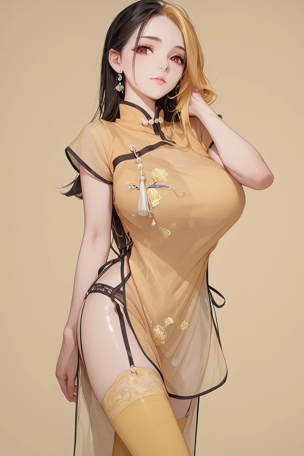 necklaces,solo,ayane,long hair,brown eyes,black hair,garter belt,big breasts,round breasts,1girl,hetero,woman focus,closeup,concept art,doaAyane,yellow hair,red eyes,yellow thighhighs,cheongsam,pale_skin,beautiful face,shiny_skin,,,,yellow background,<lora:d3t41l3dXLP:0.6>,<lora:PONY_Expressive_H-000001:0.8>,<lora:gk-cheongsam-sdxl:1>, score_9, score_8_up, score_7_up,, score_6_up, score_5_up, score_4_up,