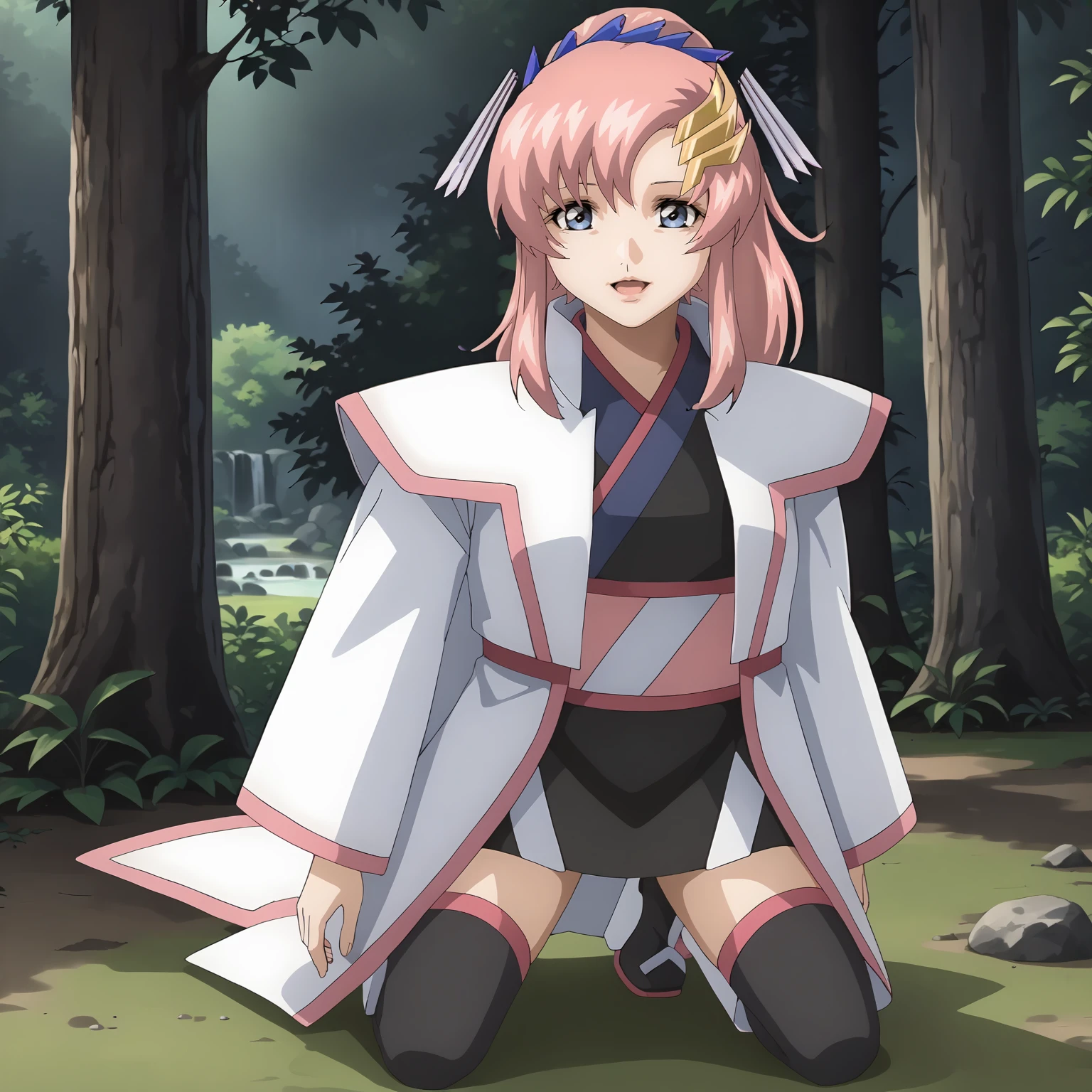 <lora:LacusClyneXLpony002>,
smile,looking at viewer,open mouth,
solo,
LacusClyne,1girl,pink hair,ponytail,blue eyes,
hair ornament,
white coat,kimono,
mini skirt,thighhighs,ankle_boots,
outdoors,nature,
full body,kneeling,