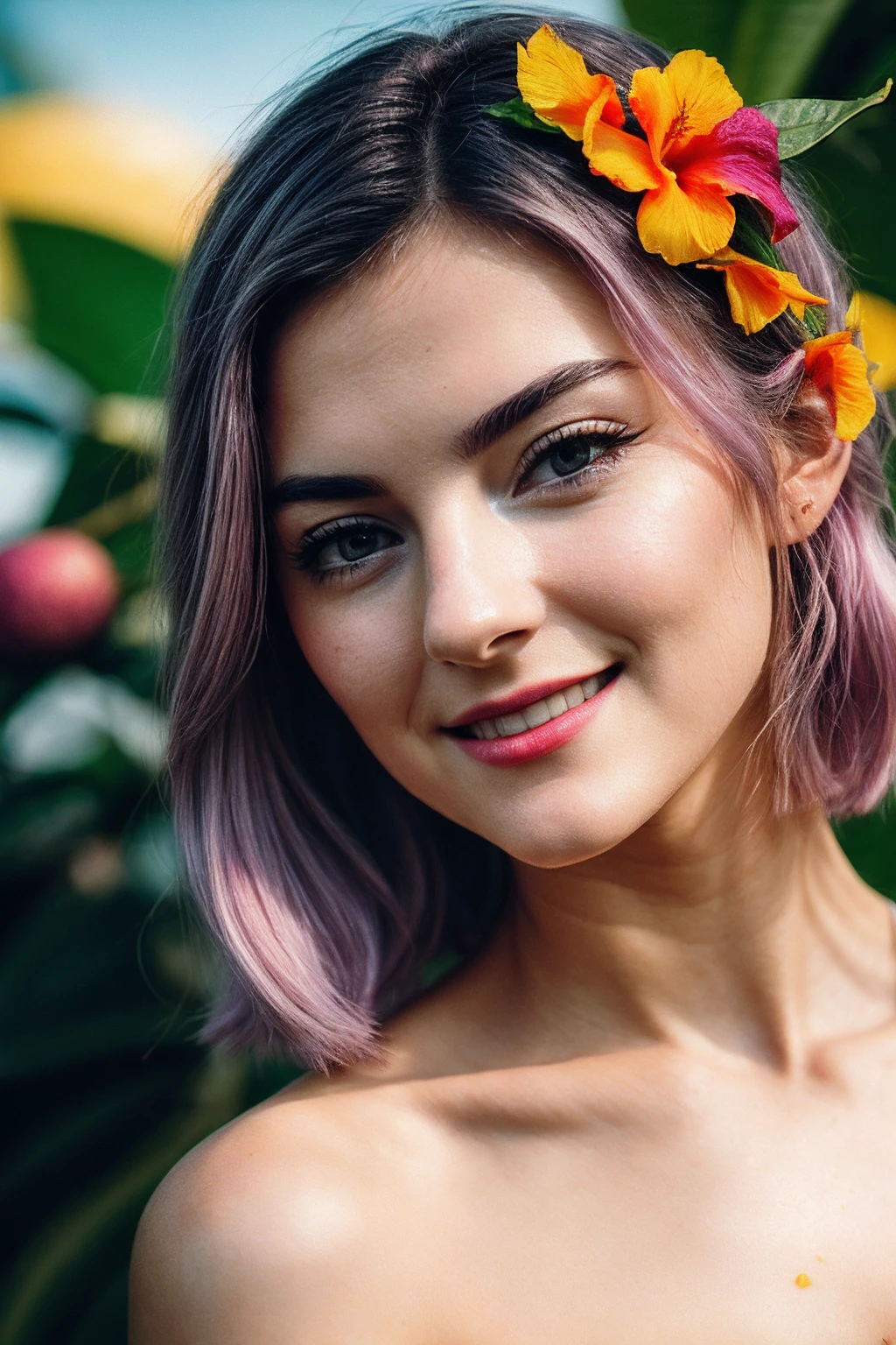 EvaE_SoloTI_v1,
(happy,smile),
(In a vibrant tropical dress, with a hibiscus flower in her hair, for a lively and exotic look), ((A bustling tropical fruit market at midday, with an array of colorful fruits and the scent of ripe mangoes in the air, festive atmosphere)), (seductive:1.3),(analog, cinematic, film grain, hazy atmosphere, cinematic shot:1.3)
<lora:add_detail:0.6>, PA7_Portrait-MCU