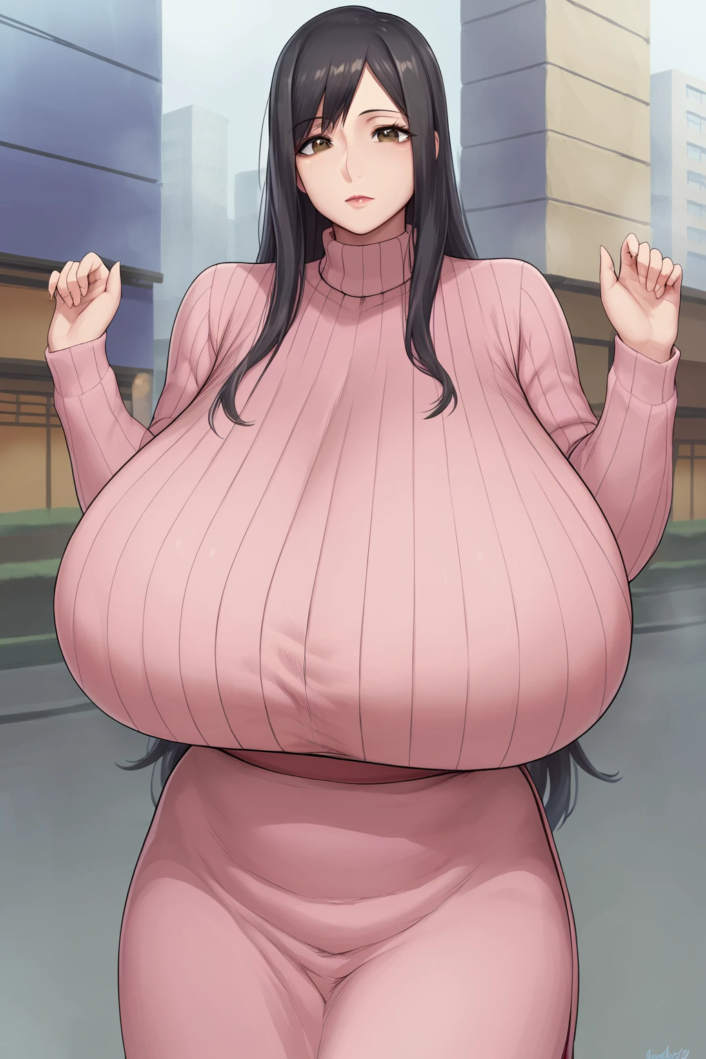 Slime girl, (slime), Slime hair Double buns hair style, Pumpkin Orange, weapon belt, Masterpiece, Best Quality, gigantic breasts, slime girl, slime girl, purple hair, lavender hair, yellow clothes