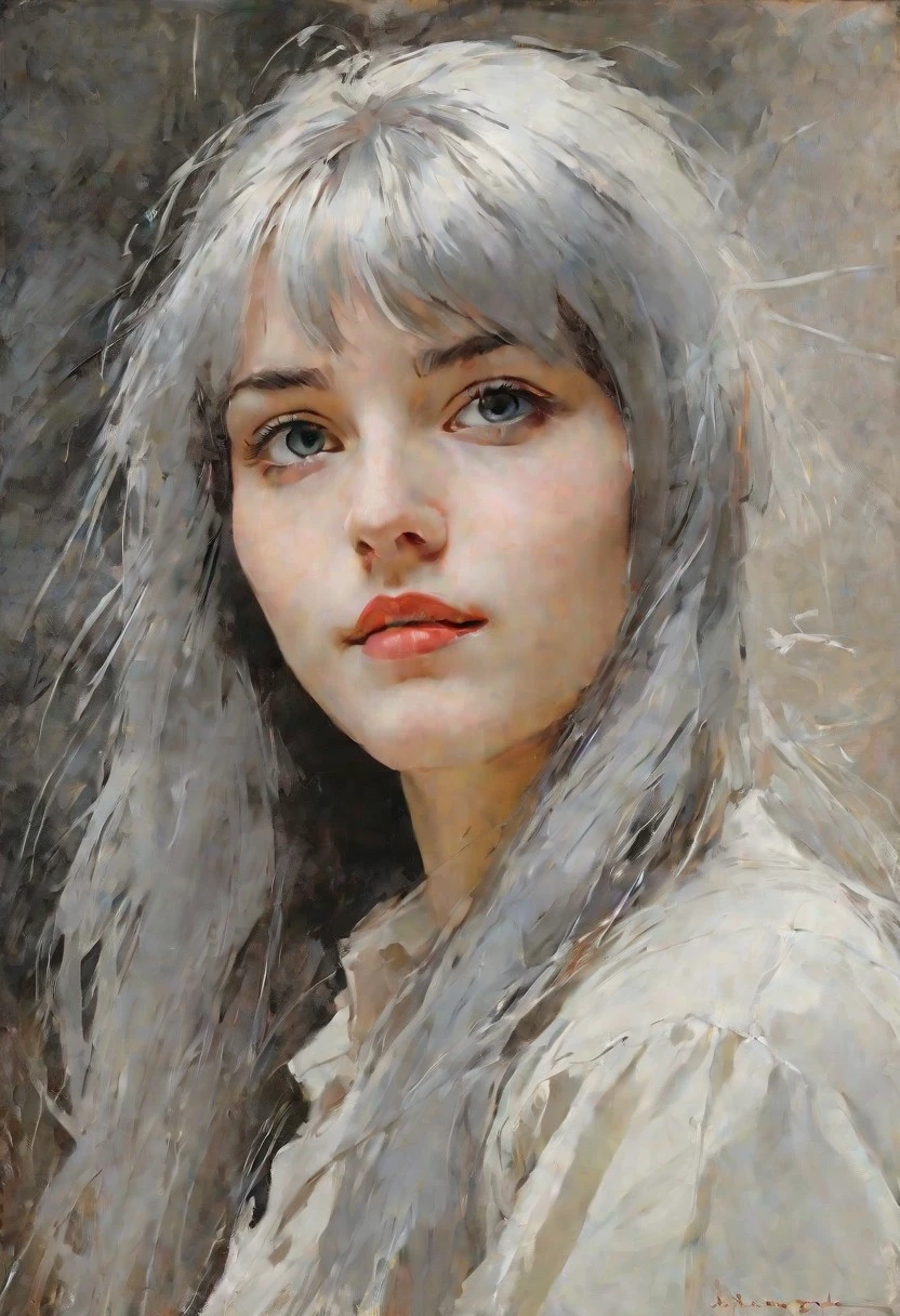 magnificent painting by john sargent, gorgeous 18 year old mythical woman with a slight smile, silvery ashy hair, fringe, direct front view, brushstrokes, impressionism