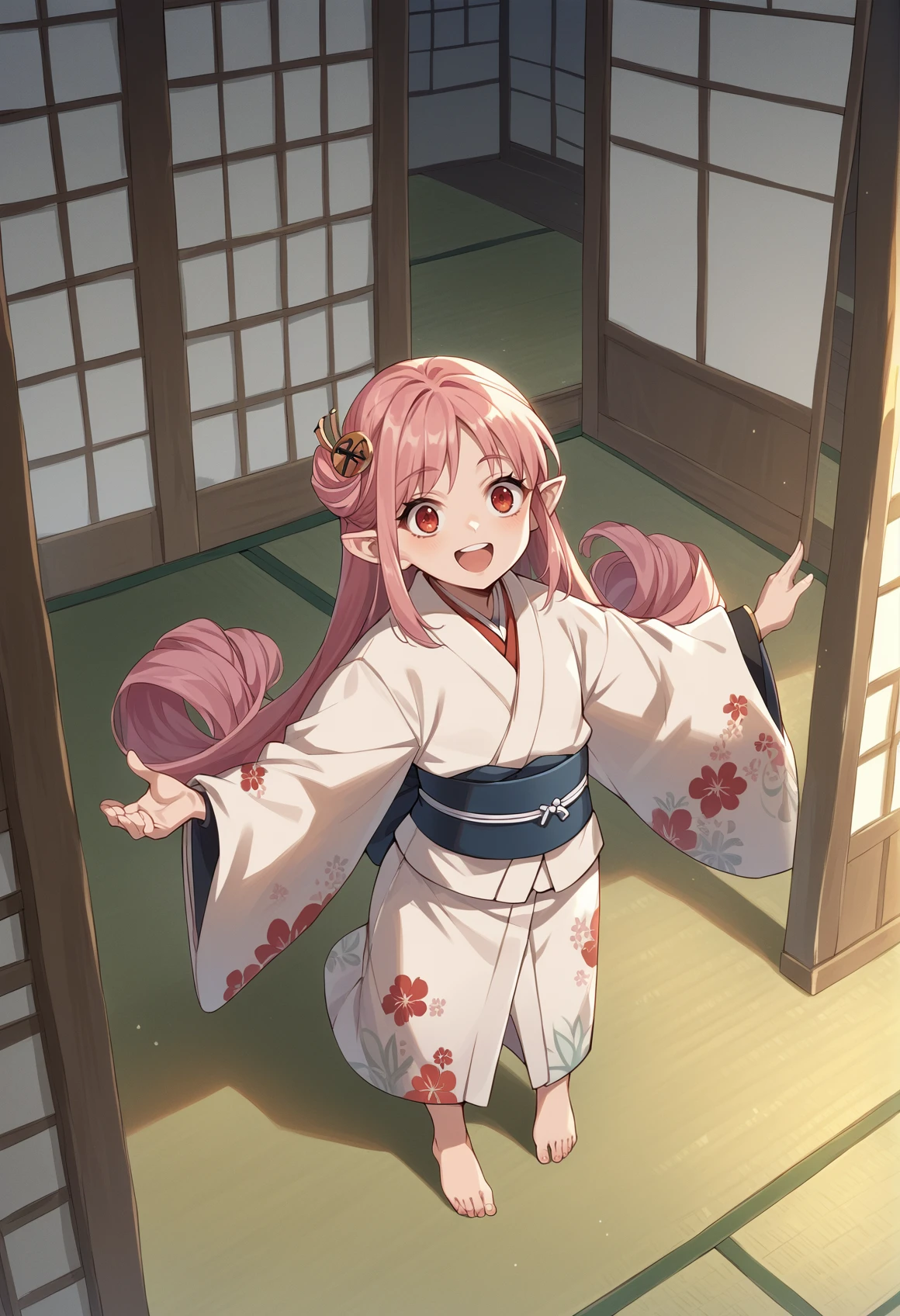 1girl, minigirl, long hair, sidelocks, pink hair, red eyes, pointy ears, top knot, chinese hairpin, japanese clothes, kimono, posing, standing, barefoot, indoors, long sleeves, wide sleeves, floral prints, smile, open mouth, japanese house, tatami, from above <lora:Habetrot:1>, score_9, score_8_up, score_7_up, score_6_up, score_5_up, score_4_up, BREAK source_anime, masterpiece