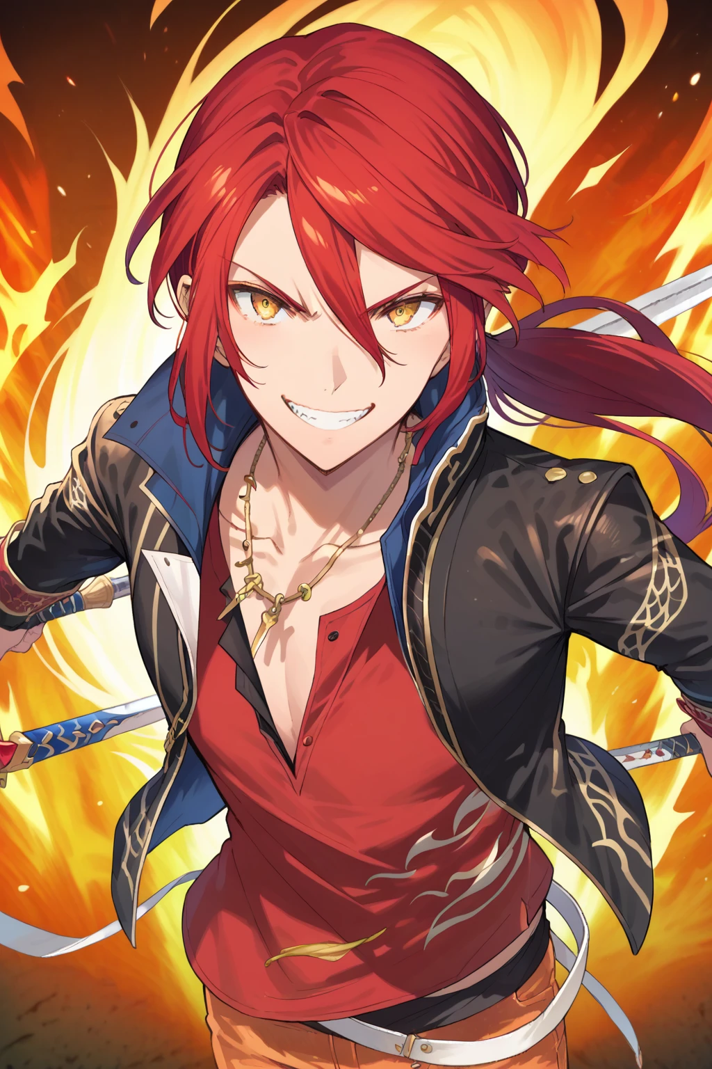 (score_9, score_8_up:1.1), score_7_up, aaron wei, 1boy, solo, red hair, hair between eyes, ponytail, yellow eyes, black and golden jacket, red shirt, necklace, white belts, orange pants, crazy smile, from above, dual weapon, holding, flames, fire, looking at viewer