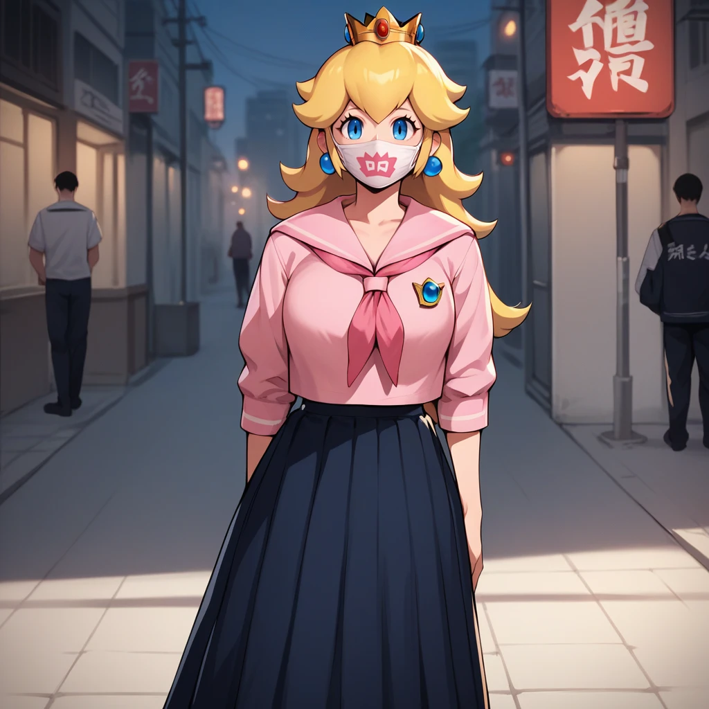 score_9,score_8_up,score_7_up,score_6_up,source_anime,rating_questionable, 1girl, solo, urban setting, cowboy shot, princess peach, <lora:Sukeban__Delinquent_Girl_Outfit:0.8> sukeban, serafuku,face mask, long skirt,, zPDXL2,