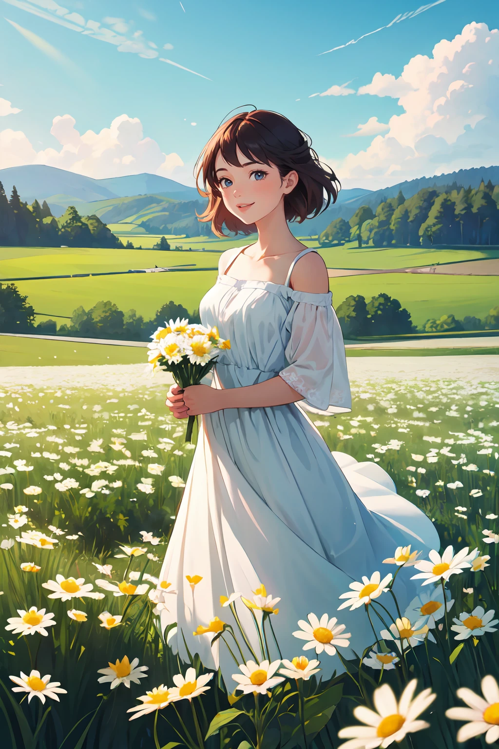 masterpiece, best quality, beautiful, aesthetic, perfect, delicate, intricate,countryside road trip poster, 1girl, Holding flowers in hand,field of daisy, vibrant, happy, scenery,<lora:GoodHands-beta2:1>