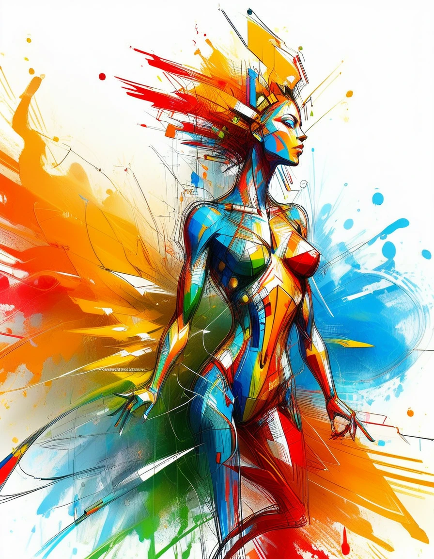 xslx, exquisite pencil sketch of a conceptual female figure, radiant with vibrant energy and rendered in bold strokesand an abstract style, female silhouette is adorned with vivid colors, yellow, red, orange, blue, green, and white, highly detailed <lora:xslx-rebel:1.5>