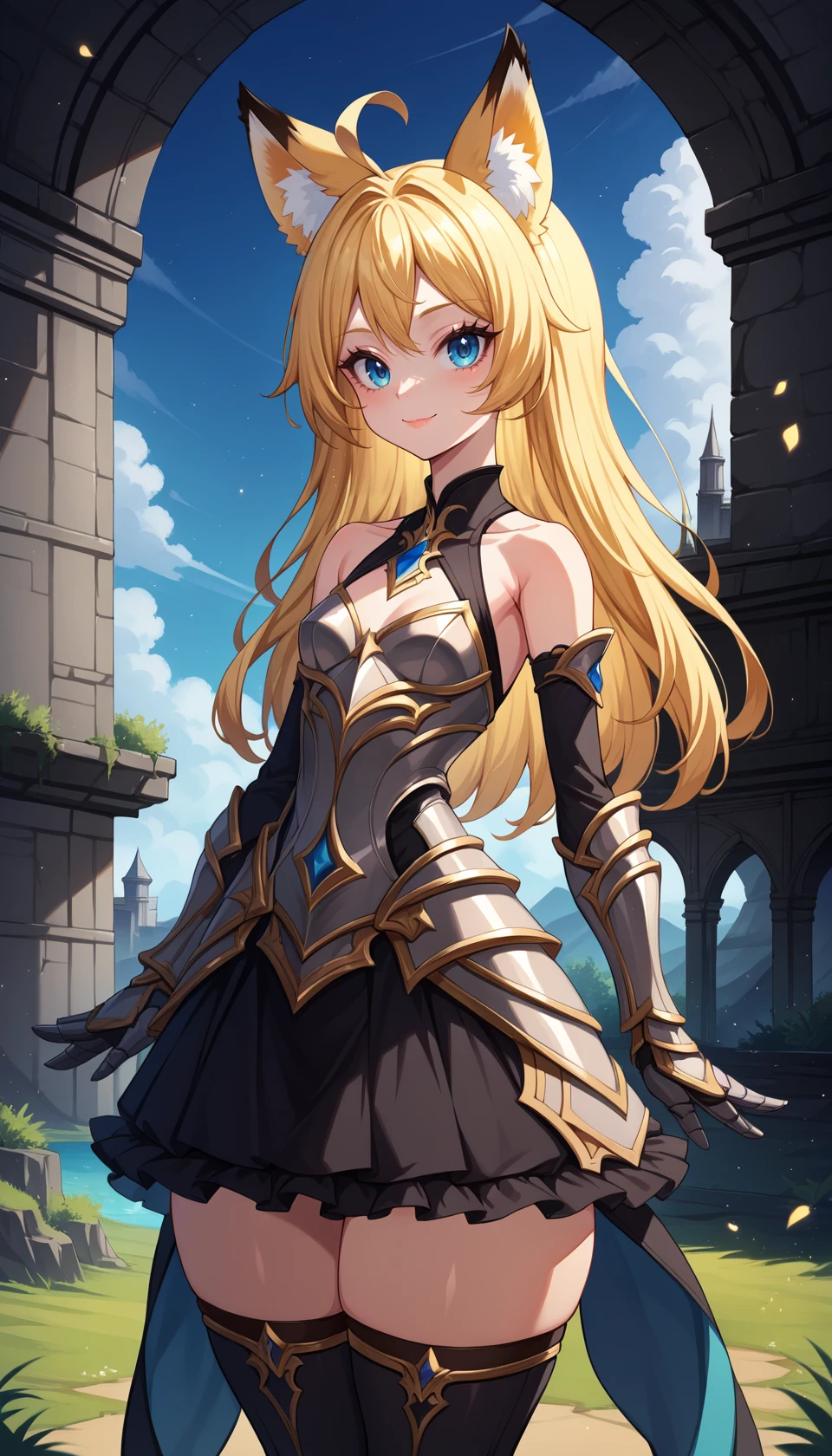 score_9, score_8_up, BREAK
solo, elinxl, blonde hair, fox ears, ahoge, 
dress, detached sleeves, gothic style, thighhighs, armored dress, armored gloves, gold trim, 
looking at viewer, closed mouth, light smile, straight-on, 
outdoors, 
detailed background, 
colorful, drop shadow, light particles, 
<lora:Elin_Pony:1>