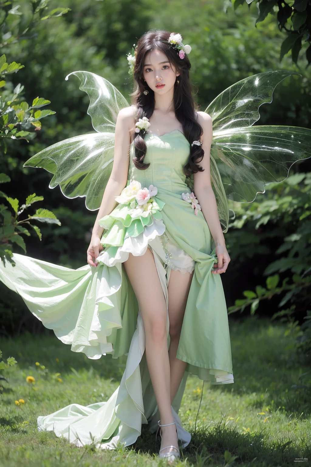 photorealistic,realistic,photography,masterpiece,best quality,ultra-detailed,extremely detailed,8k wallpaper,(reality: 1.4),1girl,solo, tall,hair flower,full body,standing,arms lowered to the sides,long hair,black hair,hair ornament,dress,plant,wings, flower dress,green butterfly dress,frilled dress,fairy wings,green theme,fairy, <lora:JAY - GREEN BUTTERFLY DRESS:0.8>