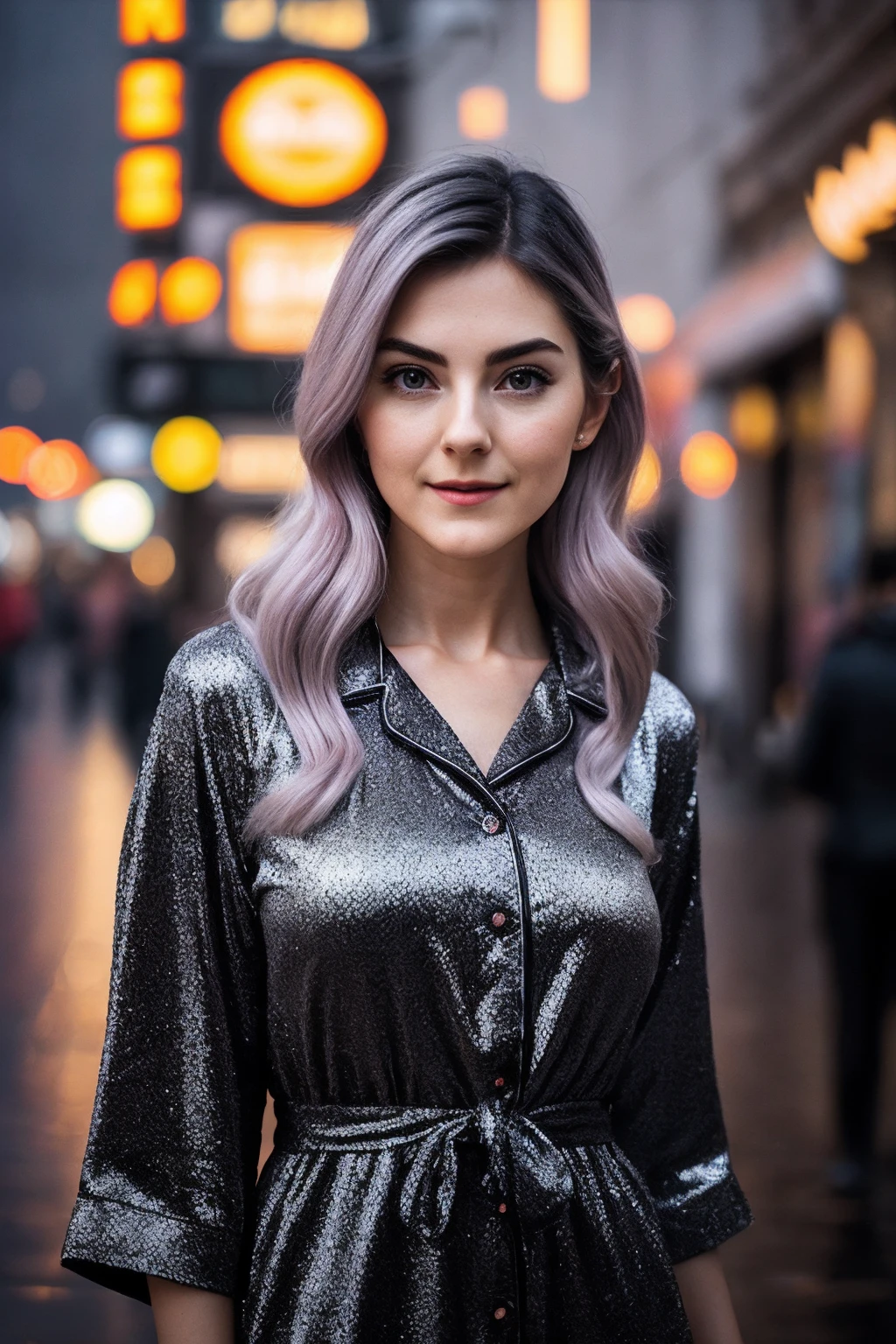 EvaE_SoloTI_v1,
(dark:1.3),
(In a snug, metallic-looking pajama set, with a playful smirk and tousled hair, for a whimsical and cozy look), (A bustling city street in the rain, vibrant atmosphere), (seductive:1.3),(analog, cinematic, film grain, hazy atmosphere, cinematic shot:1.3), (soft and diffused lighting, enhancing the vibrant and artistic atmosphere with a combination of soft and natural light),, PA7_Portrait-MCU
