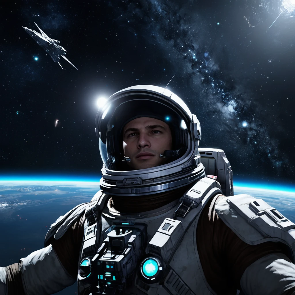 half body photo of m4r10n a man, loading screen for a space war game, set in the vast and mysterious depths of outer space. The scene captures the epic scale and high stakes of interstellar combat.,  <lora:Marlon_Brando_SDXL_Jugx_trigger_m4r10n:.8>