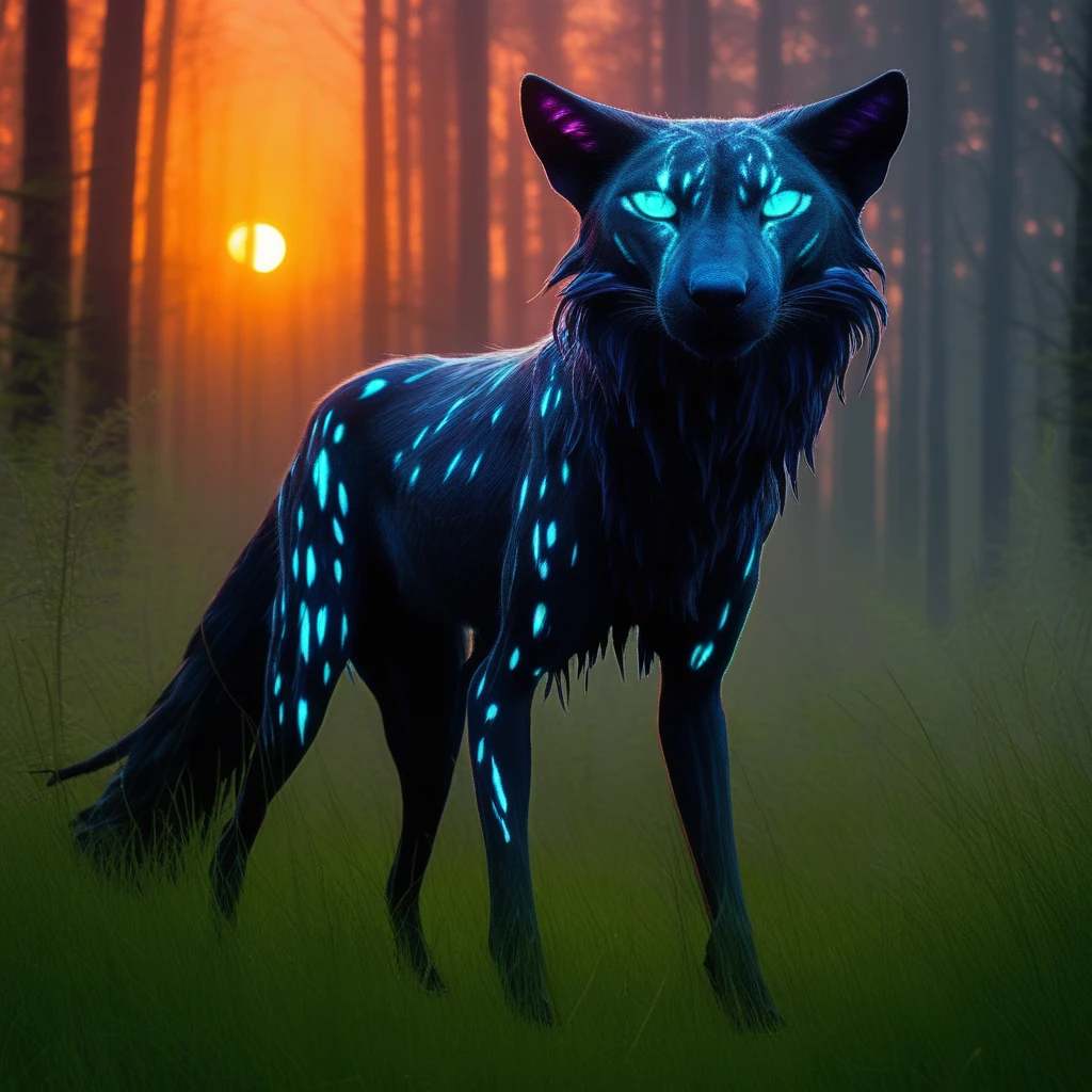 A majestic creature with glowing eyes and sharp teeth prowls through a dense forest and grass at sunset, alien planet, glowing eyes, sharp teeth, forest, sunset, grass.