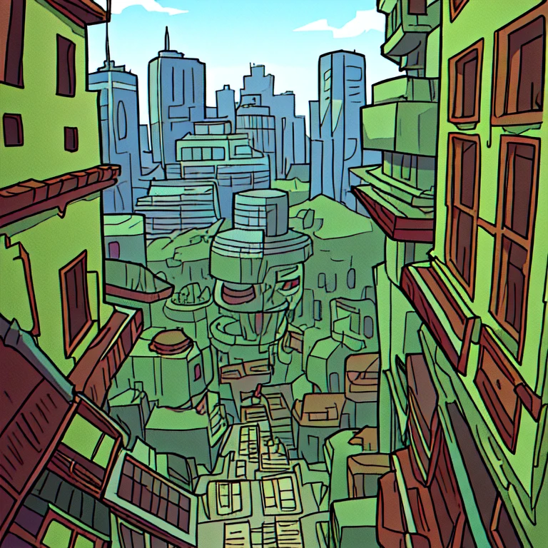 ((masterpiece, best quality, new , newest)),1girl, solo, cartoon style,Cyberpunk cityscape, neon lights, dark alleys, skyscrapers, futuristic, vibrant colors, high contrast, highly detailed,, ancient ruins, crumbling walls, mossy stones, dawn, glowing, historic, magical, dark green hair, eyeliner, bright, gloss, cartoon eyes,, pose, wide eyes, realistic, extremely detailed, marvel,, outline, perspective, full body, from behind, looking back, looking at viewer, leaning forward, from above, floating, flying, wind, sky, freefall, twisted torso, above city, skyline,