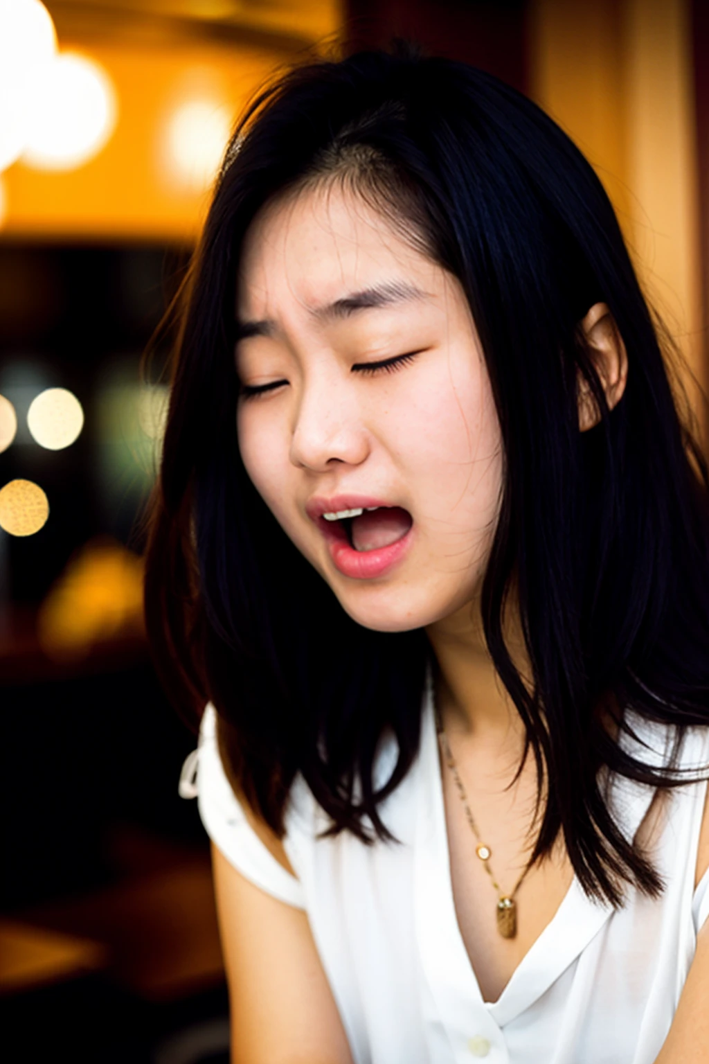 from front,film photography,HDR,orgasm face,(A photo of a 18-year-old korean idol),closed eyes, solo, teeth, long hair,face close-up, indoors, black hair, open mouth, <lora:orgasm face_v1:0.6>, masterpiece,best quality,best aesthetic,cafe background,depth of field,bokeh,