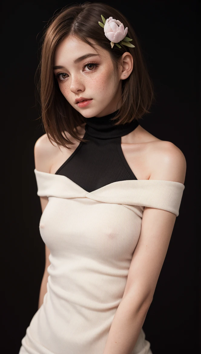 1girl, solo, expressive, hearts, dynamic, brown hair, short hair, brown eyes, pale skin girl, pale skin, freckles, turtleneck, bare shoulders, blush, white tulip hair ornament, looking_longingly, seductive, sexy_woman, black background