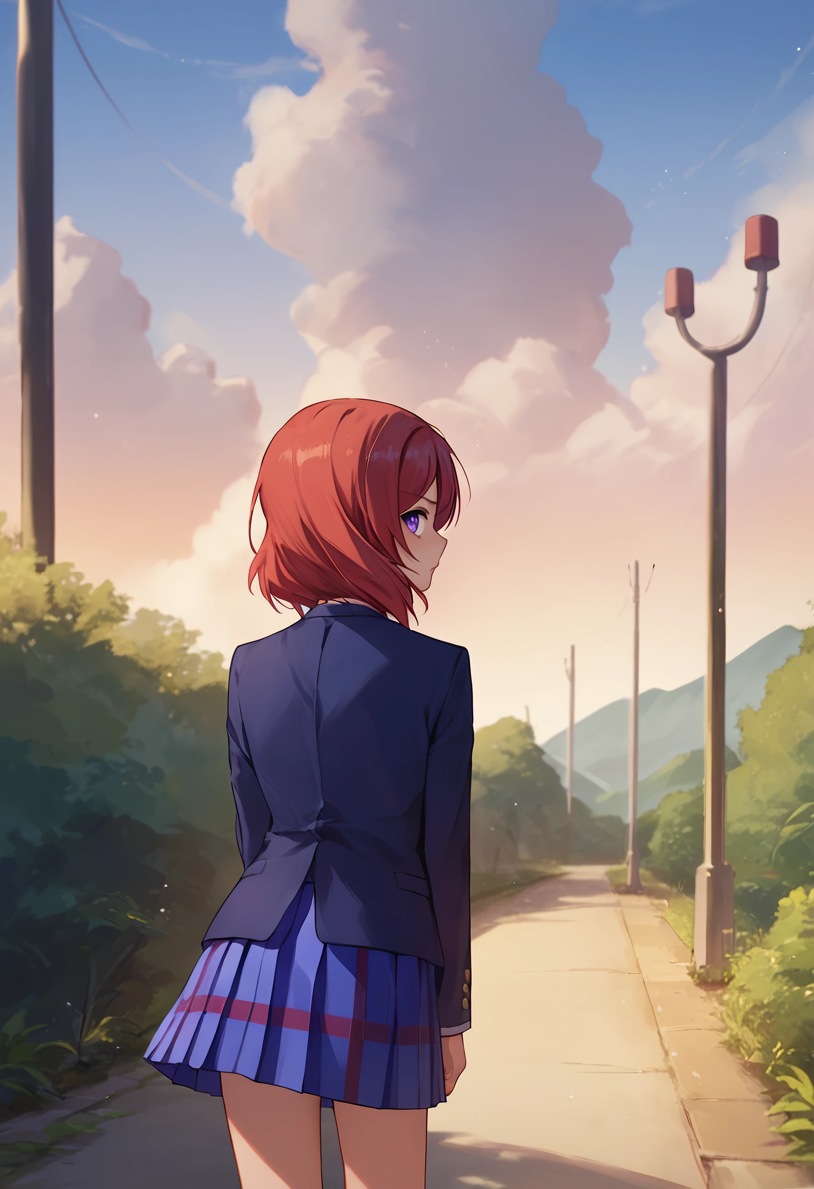 score_9, score_8_up, score_7_up, 1girl, source anime,   Nishikino maki, red hair, purple eyes, short hair, blue blazer, pleated skirt, from behind, outdoors, looking back,     <lora:Nishikino Maki 3-000006:1>