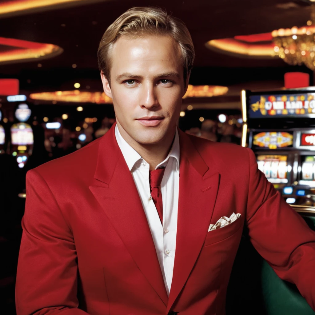 half body photo of m4r10n a man, wearing a sophisticated red outfit, at a casino, blonde hair, looking at viewer,  <lora:Marlon_Brando_SDXL_Jugx_trigger_m4r10n:.8>