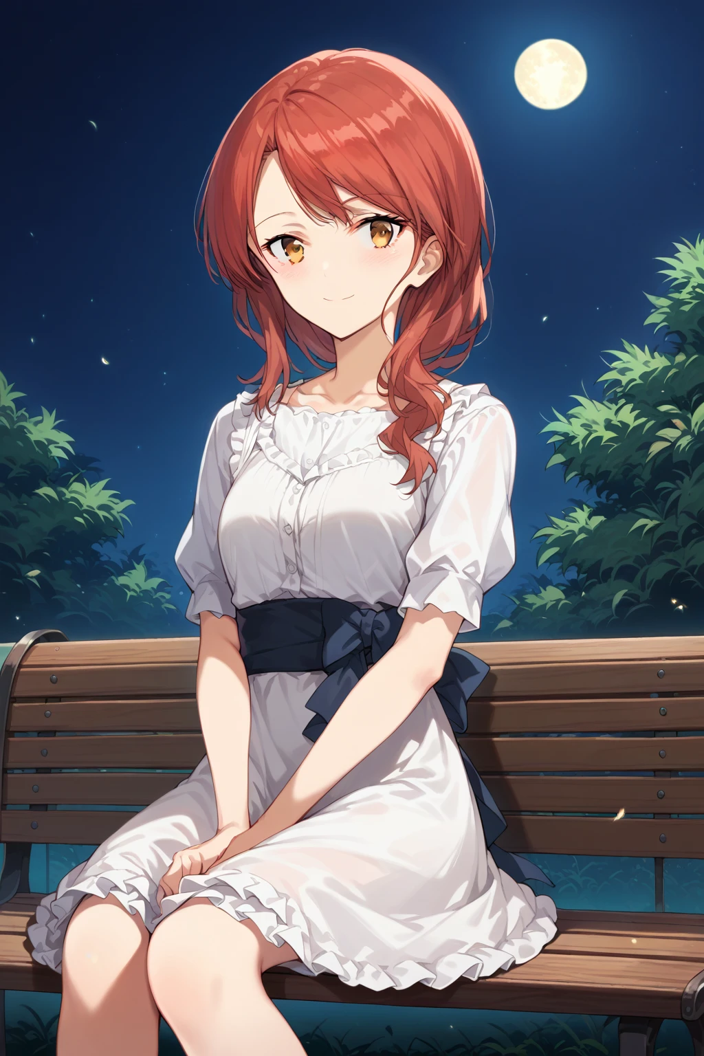 (score_9, score_8_up:1.1), score_7_up, source_anime, alexandra magritte, 1girl, solo, red hair, swept left hair, amber eyes, white frilly dress, looking at viewer, smile, blush, sitting, bench, outdoors, night, moon, light perticles, wind particles, highly detailed,