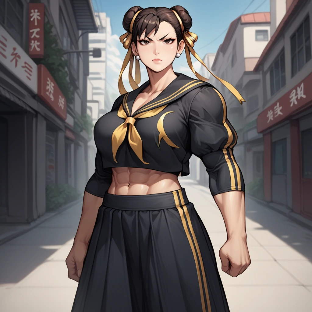 score_9,score_8_up,score_7_up,score_6_up,source_anime,rating_questionable, 1girl, solo, urban setting, cowboy shot, chun-li, annoyed, <lora:Sukeban__Delinquent_Girl_Outfit:0.8> sukeban, black gold serafuku, navel, long skirt, brass knuckles, abs, zPDXL2,