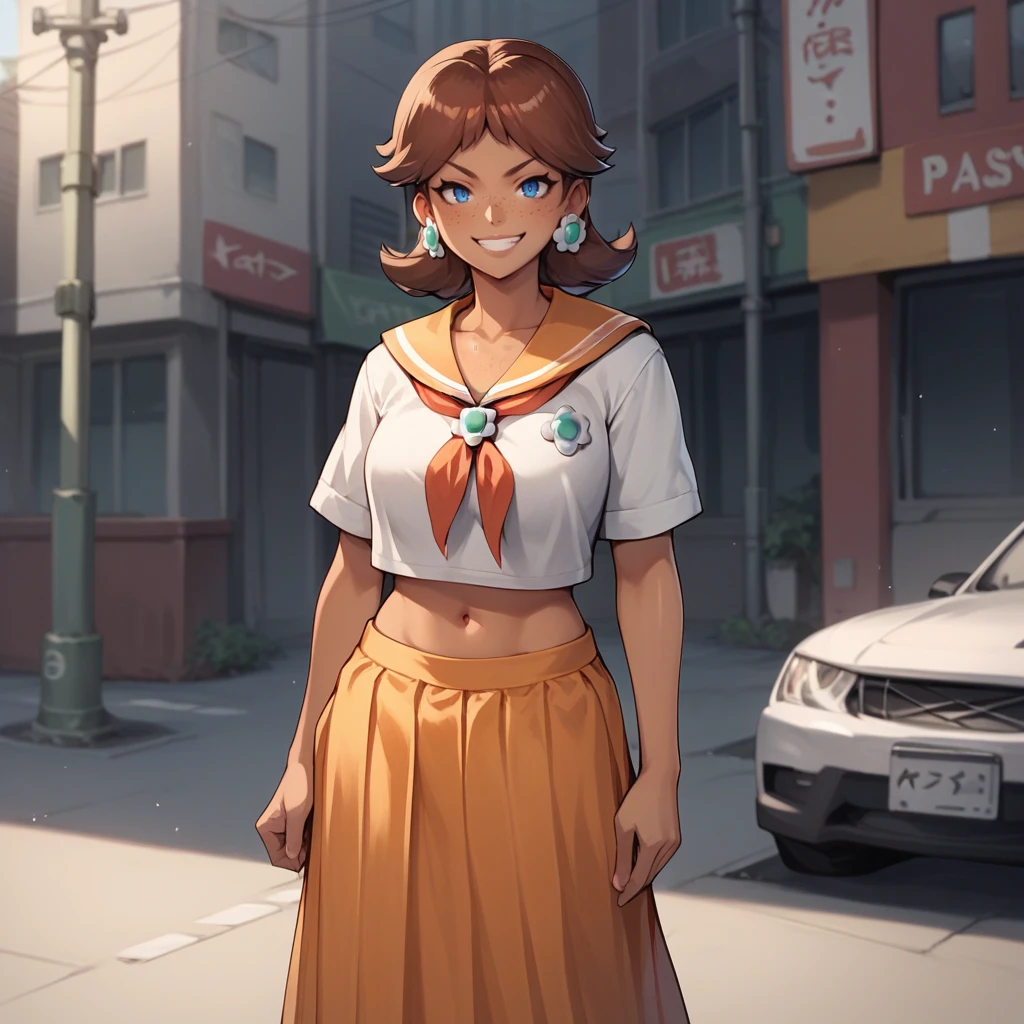 score_9,score_8_up,score_7_up,score_6_up,source_anime,rating_questionable, 1girl, solo, urban setting, cowboy shot, princess daisy, tomboy, tanned skin, freckles, smirk, <lora:Sukeban__Delinquent_Girl_Outfit:0.8> sukeban, serafuku, navel, long skirt,, zPDXL2,