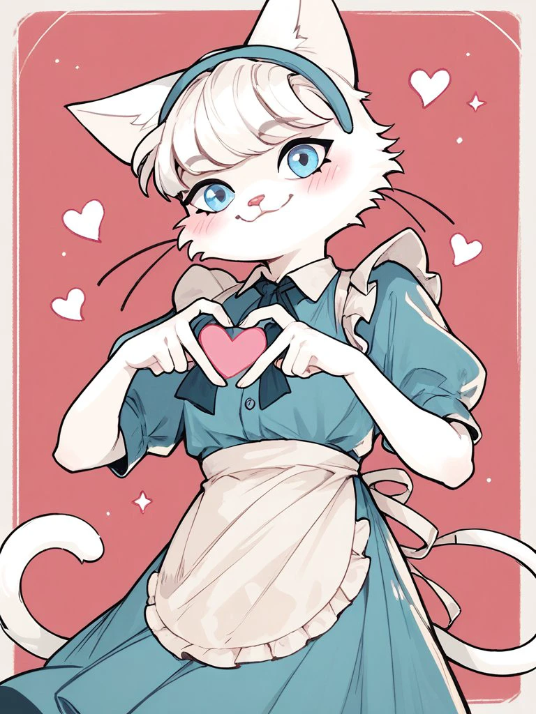 score_9, score_8_up, score_7_up, score_6_up, score_5_up, 
Mia, white cat, blue eyes, blue dress, white apron, white bangs, cat tail, pink nose, heart hands, heart fingers, looking at viewer
 <lora:Heart_Fingers__Concept_Lora:1> 
<lora:Mia_Cat_XL:0.8>