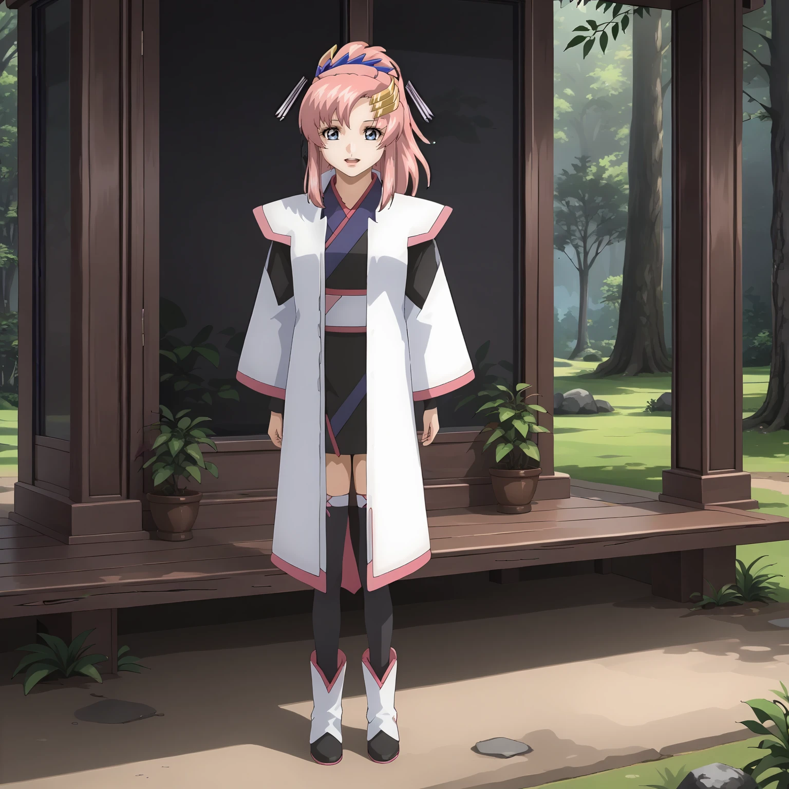 <lora:LacusClyneXLpony002>,
smile,looking at viewer,open mouth,
solo,
LacusClyne,1girl,pink hair,ponytail,blue eyes,
hair ornament,
white coat,kimono,black sleeves,
mini skirt,thighhighs,ankle_boots,
outdoors,nature,
full body,standing,