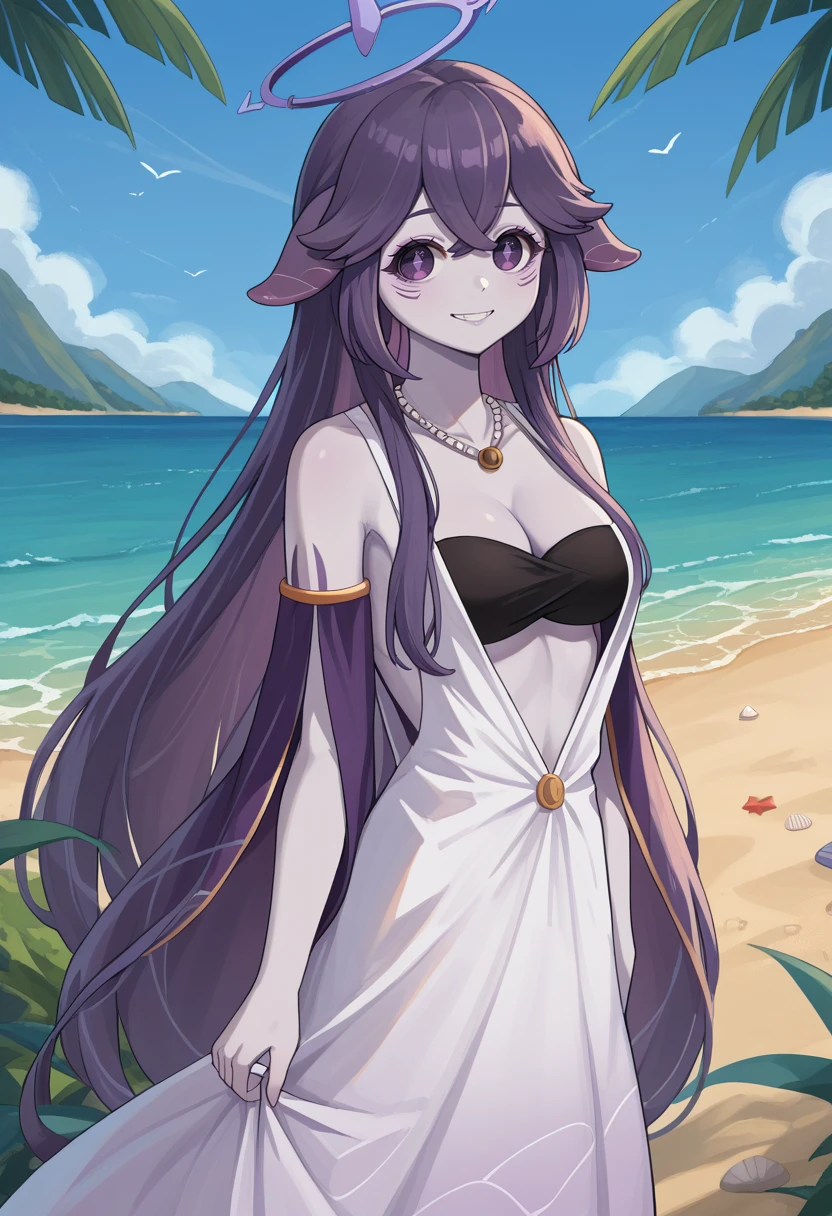 score_9, score_8_up, source_anime, 1girl, solo, MegalodonVTuber, long hair, hair flaps, halo, cetacean tail, colored skin, necklace, white dress, plunging neckline, black bikini, bikini under clothes, detached sleeves, black sleeves, outdoors, beach, smile, <lora:ChamMegalodonPonyXL:1>